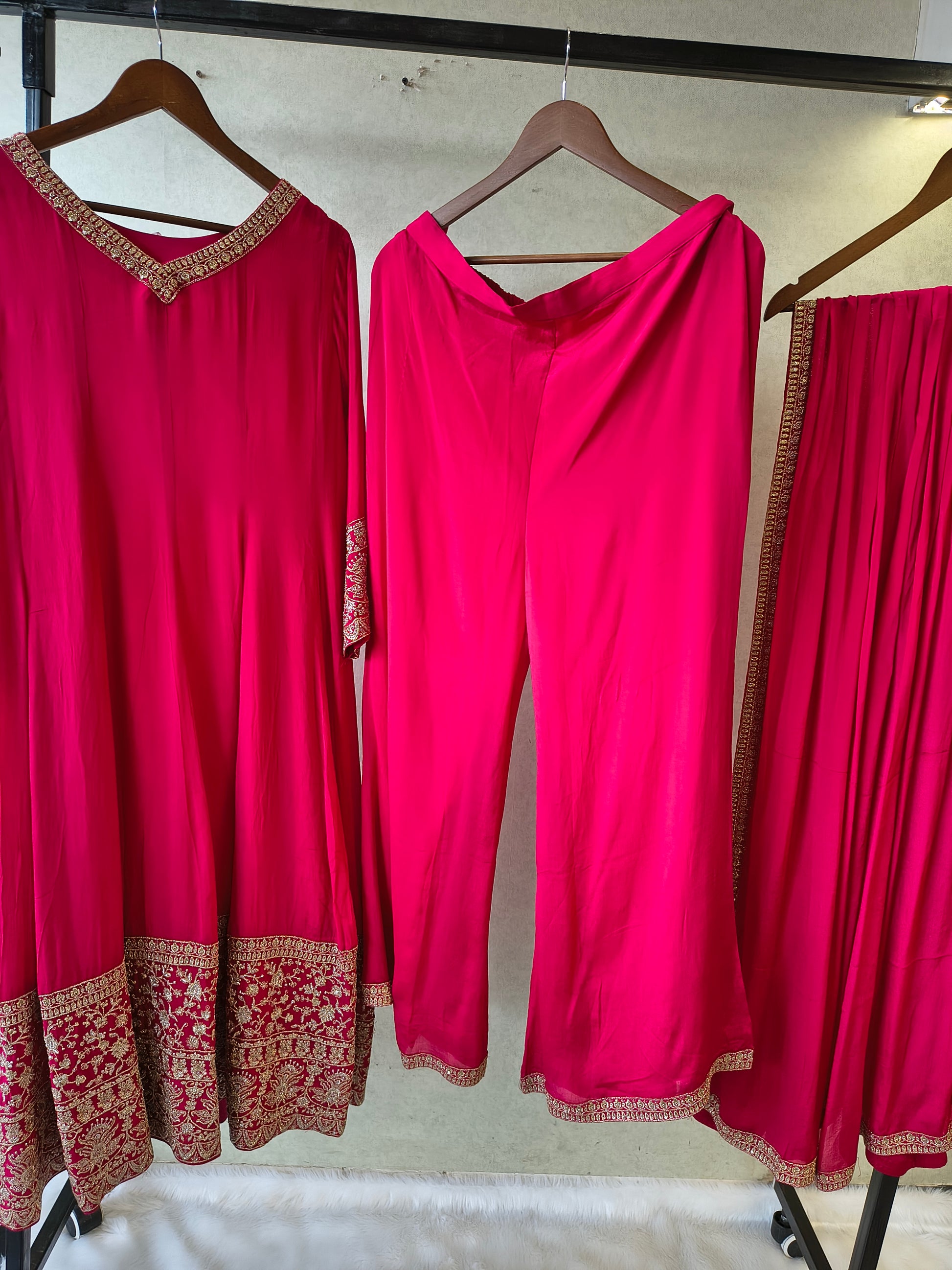Rani Pink Embroidered Straight Kurta Set with Dupatta | Premium 3 Piece Festive Ethnic Suit