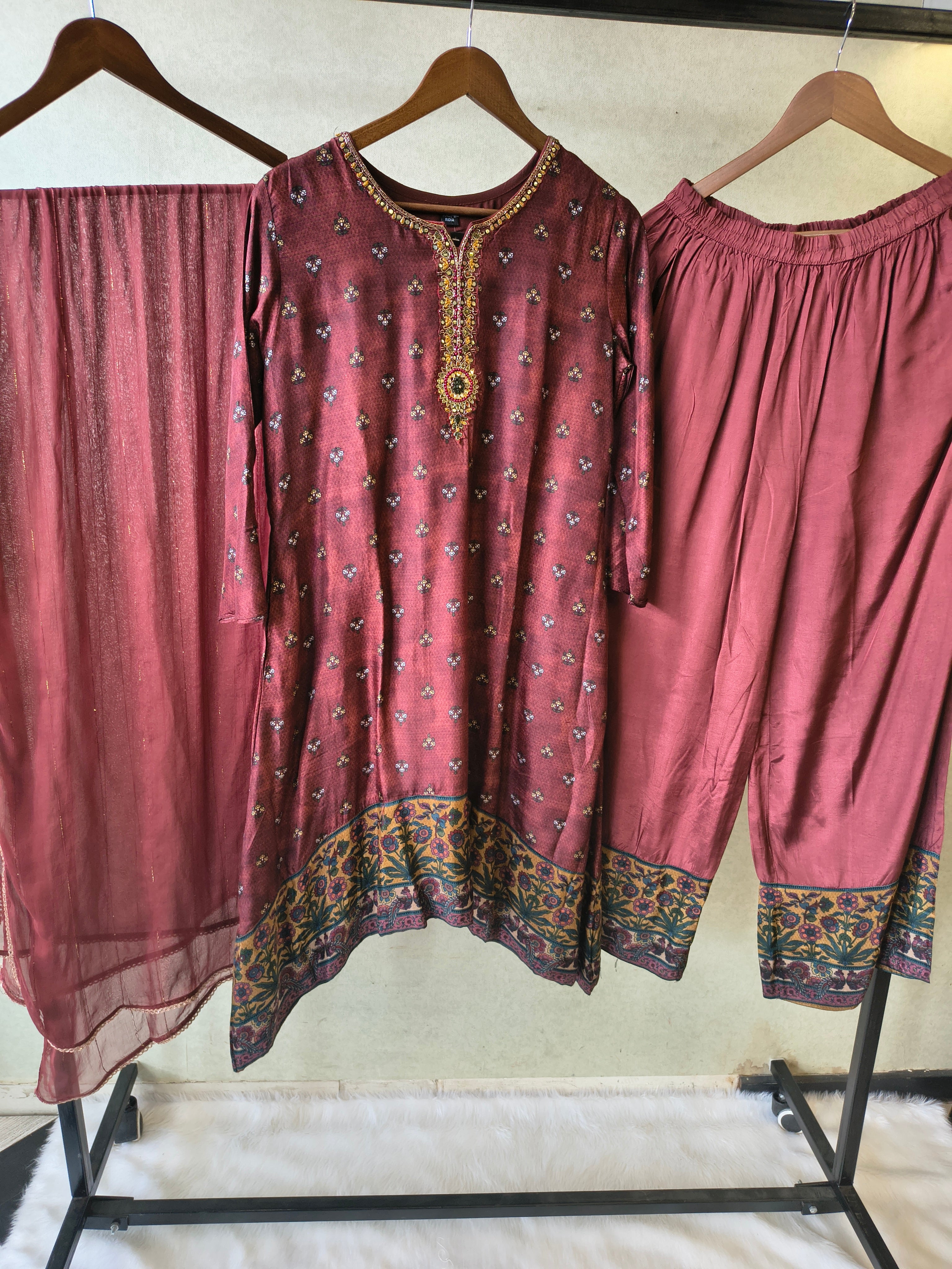 Image of Premium Wine Floral Border Kurta with Straight Pants & Shimmer Dupatta Set