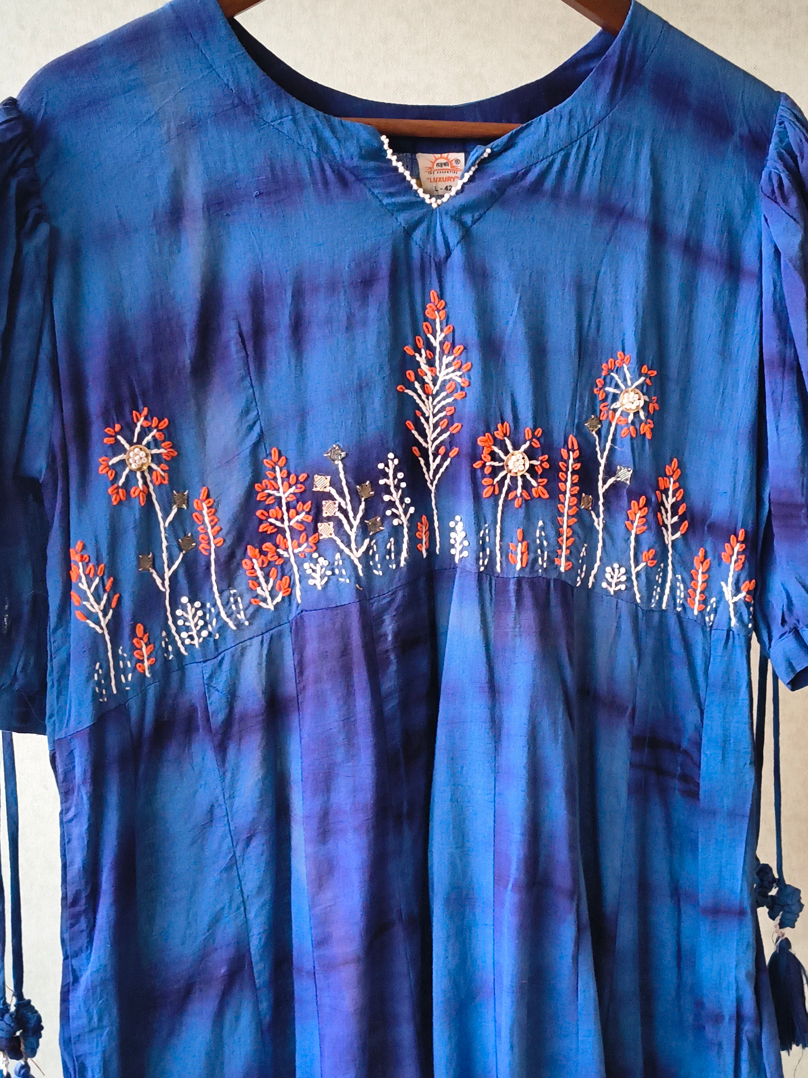 Image of Premium Indigo Tie-Dye Embroidered Cotton Flared Dress