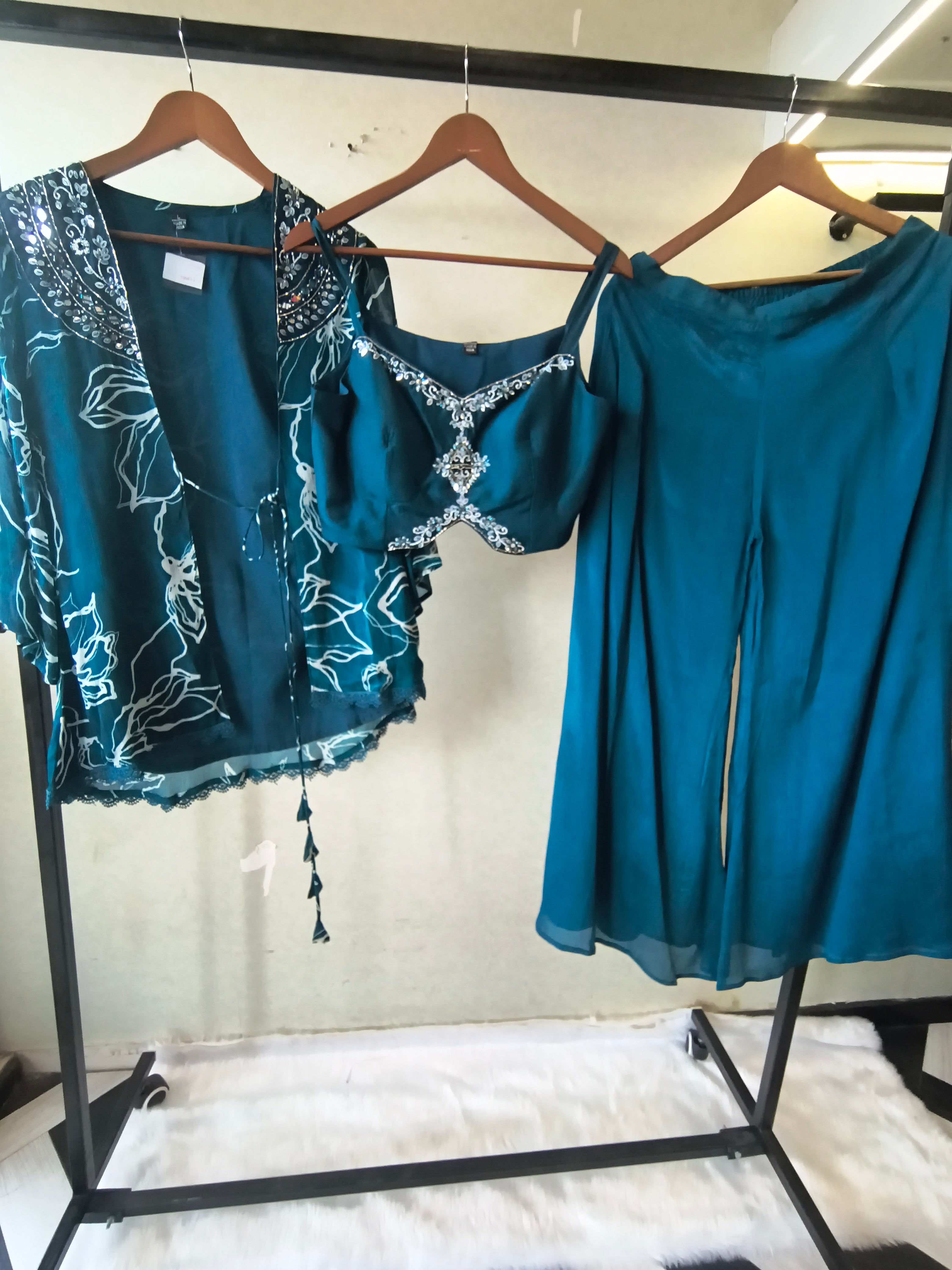 Image of Teal Printed Shrug with Embroidered Designer Bralette & Flared Palazzo – 3 Piece Indo-Western Co-Ord Set