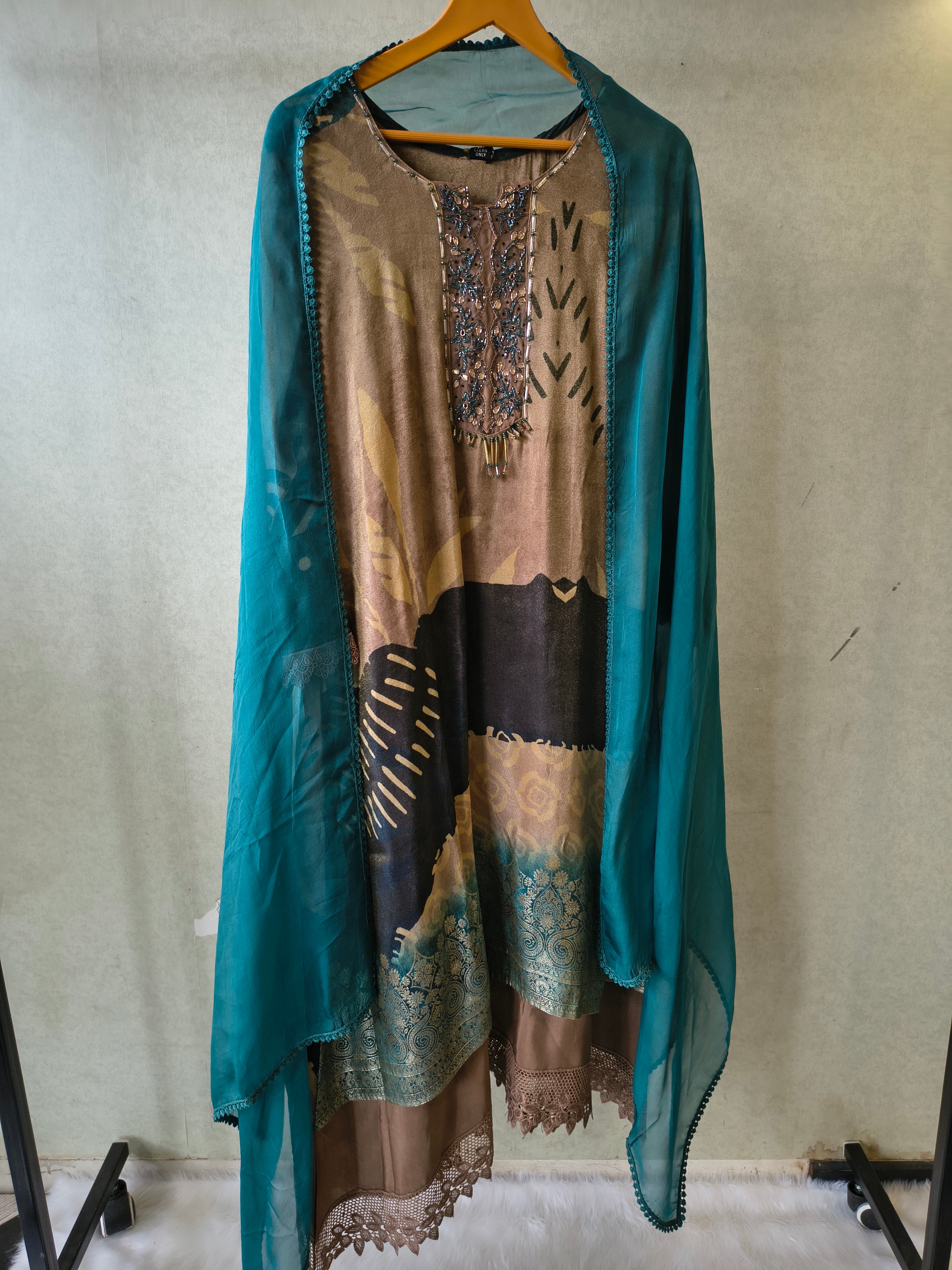 Image of Premium Abstract Print Straight Kurta with Cigarette Pants & Dupatta Set