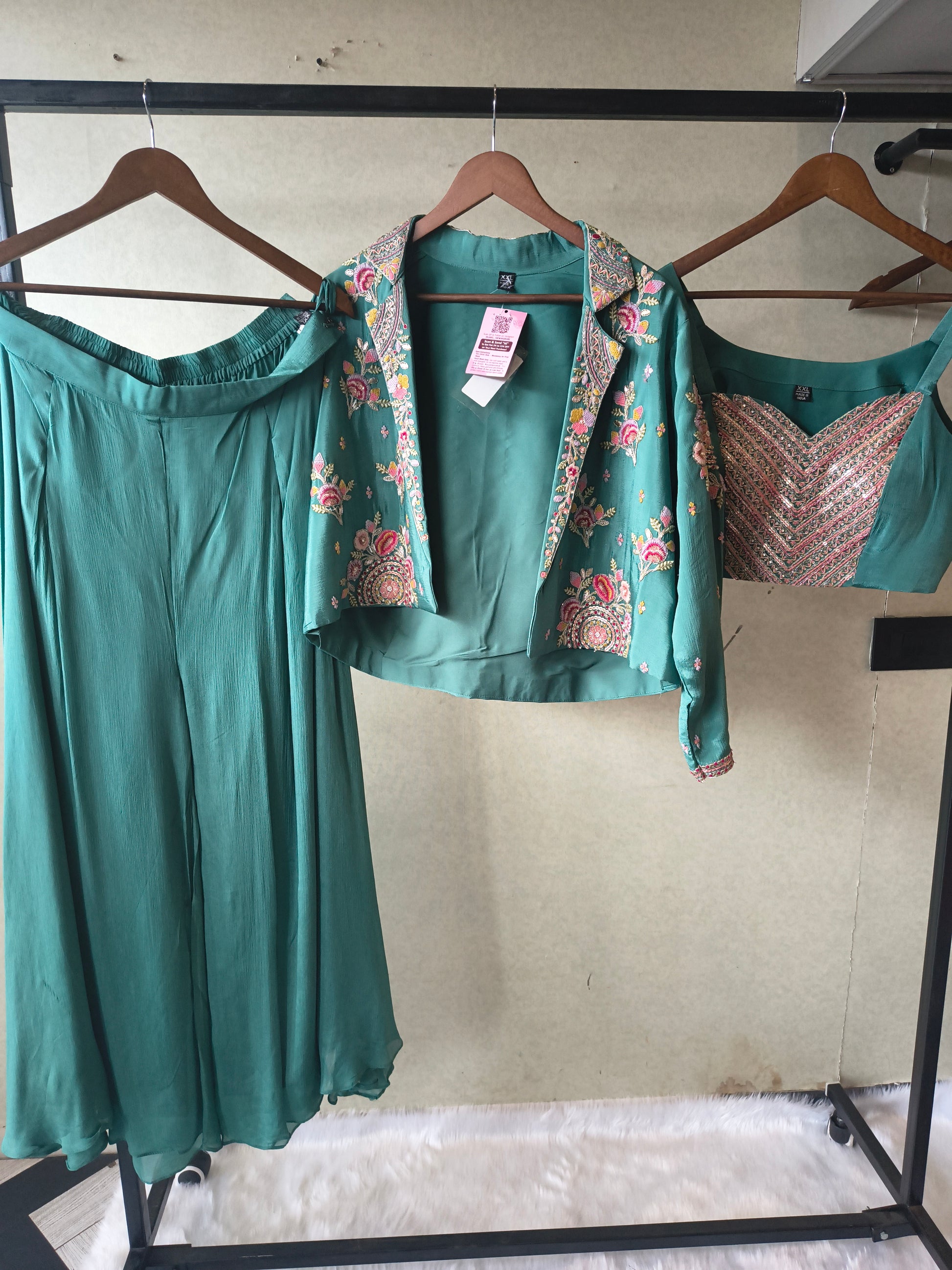 Premium Emerald Green 3-Piece Designer Palazzo Set with Heavy Embroidered Jacket & Sequins Blouse