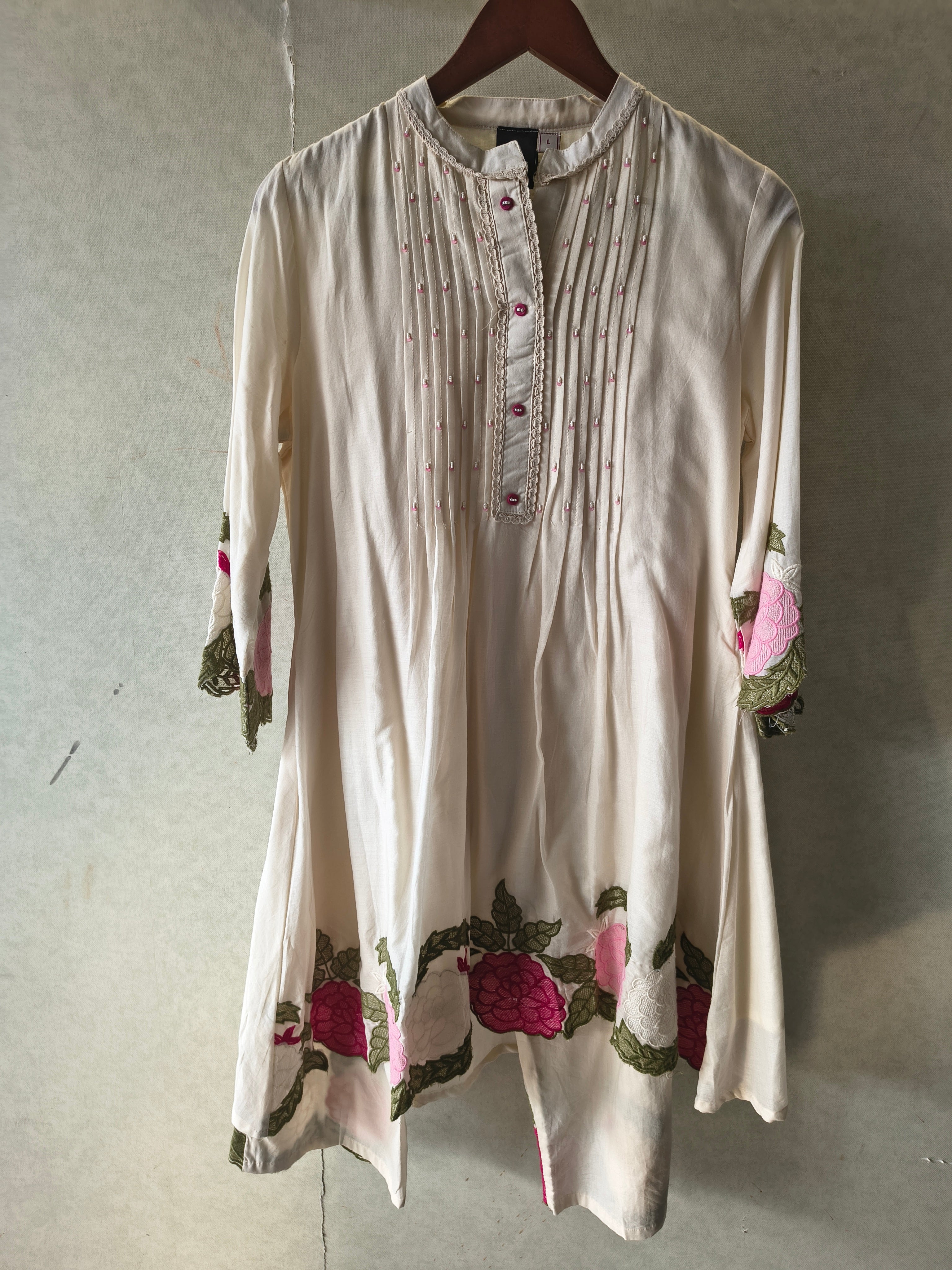 Image of Ivory Floral Embroidered Pintuck Designer Kurta Pant Co-Ord Set
