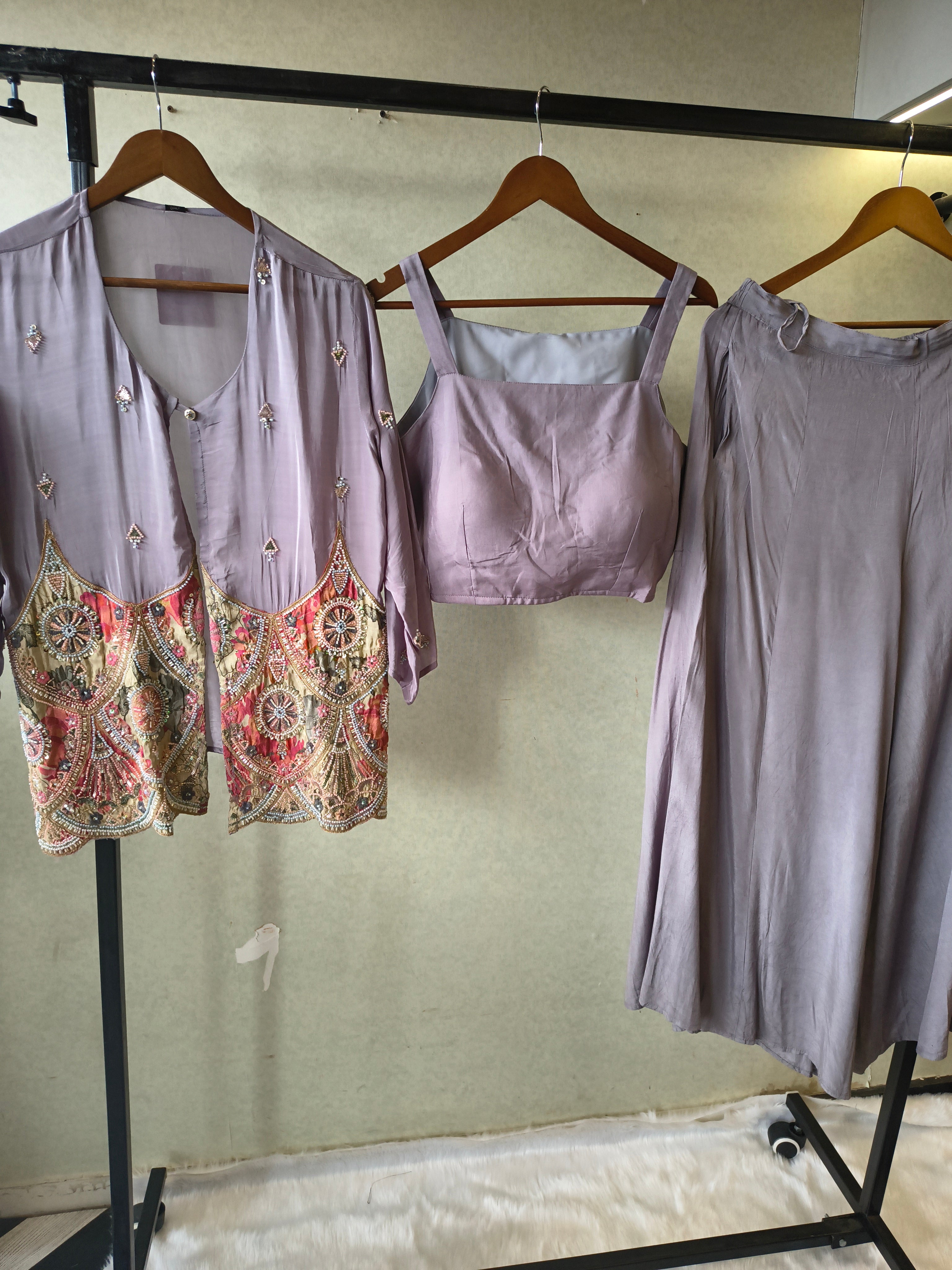 Image of Dusty Mauve Tissue Silk Embroidered Peplum Jacket with Bustier & Flared Palazzo – 3 Piece Designer Indo-Western Set