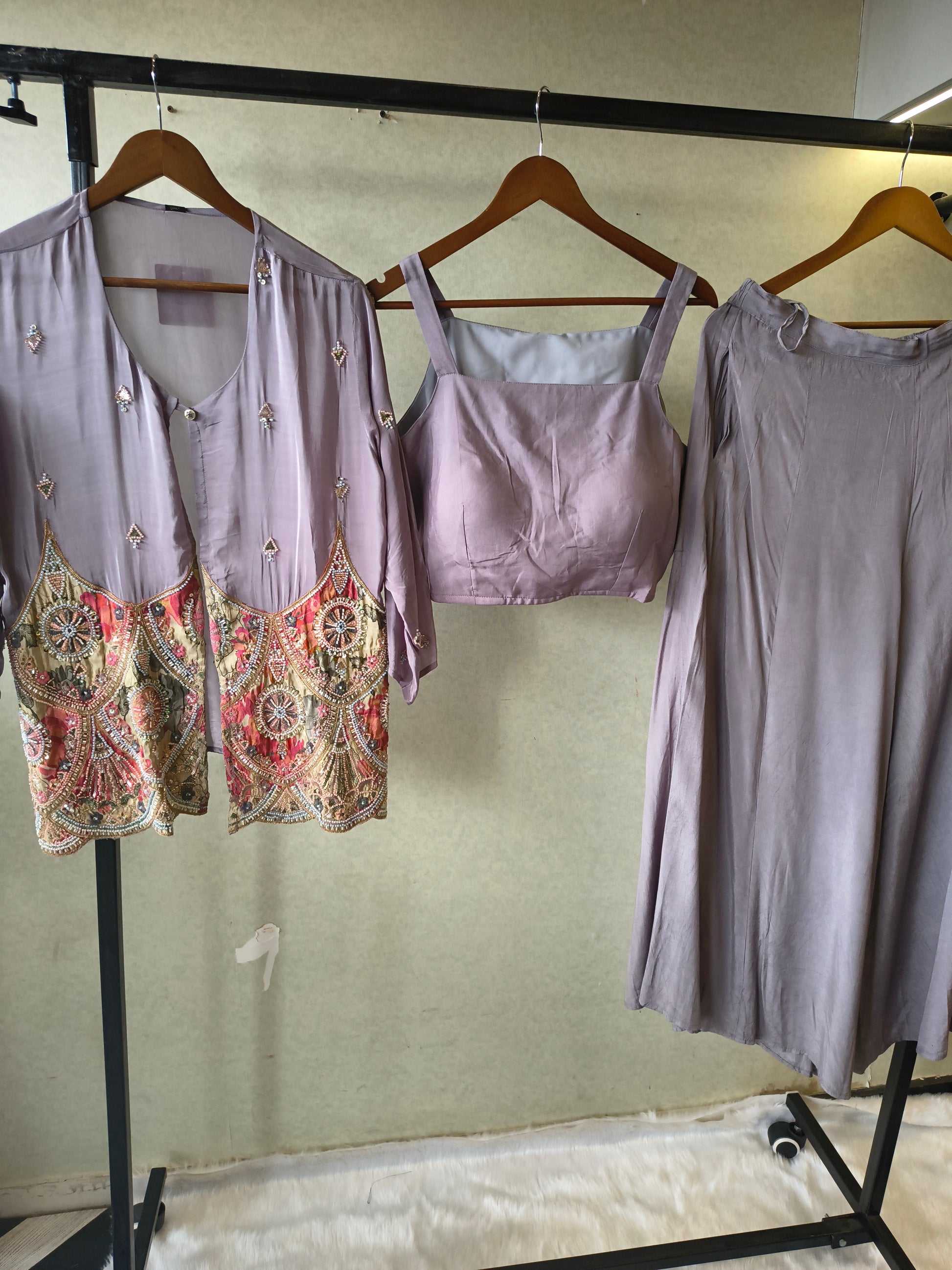 Dusty Mauve Tissue Silk Embroidered Peplum Jacket with Bustier & Flared Palazzo – 3 Piece Designer Indo-Western Set