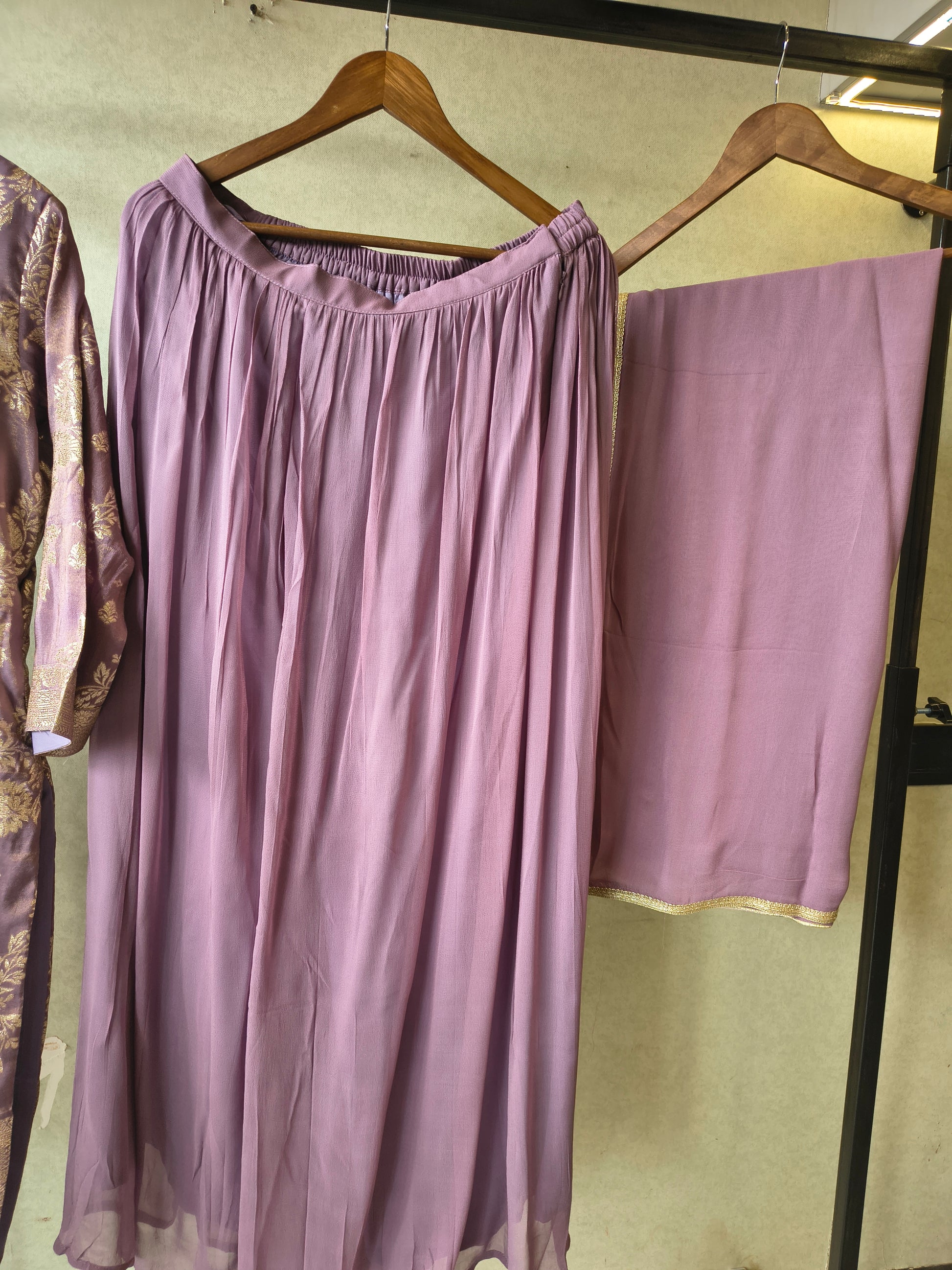 Premium Lavender Jacquard Straight Kurta with Georgette Sharara & Dupatta Set