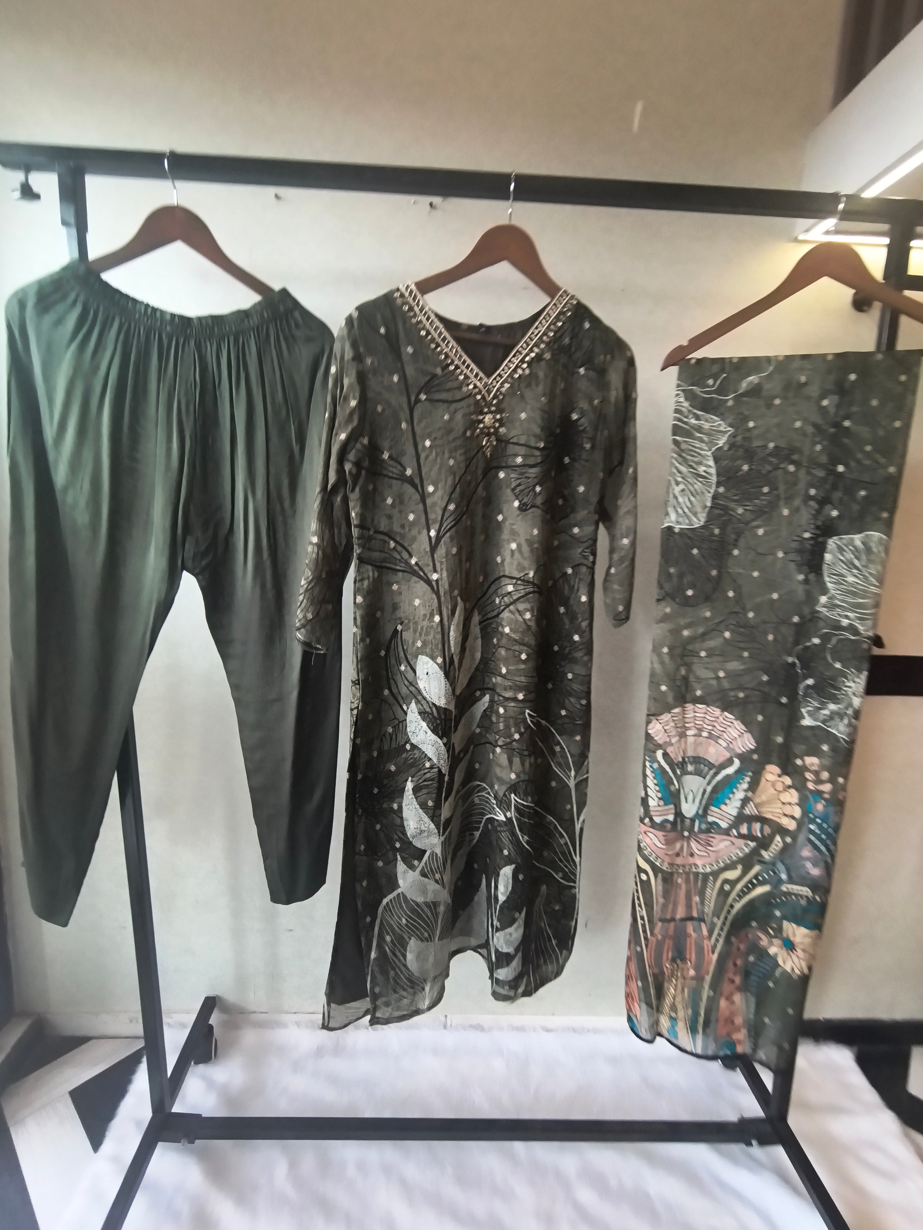 Image of Premium Olive Botanical Print Straight Kurta with Cigarette Pants & Dupatta Set