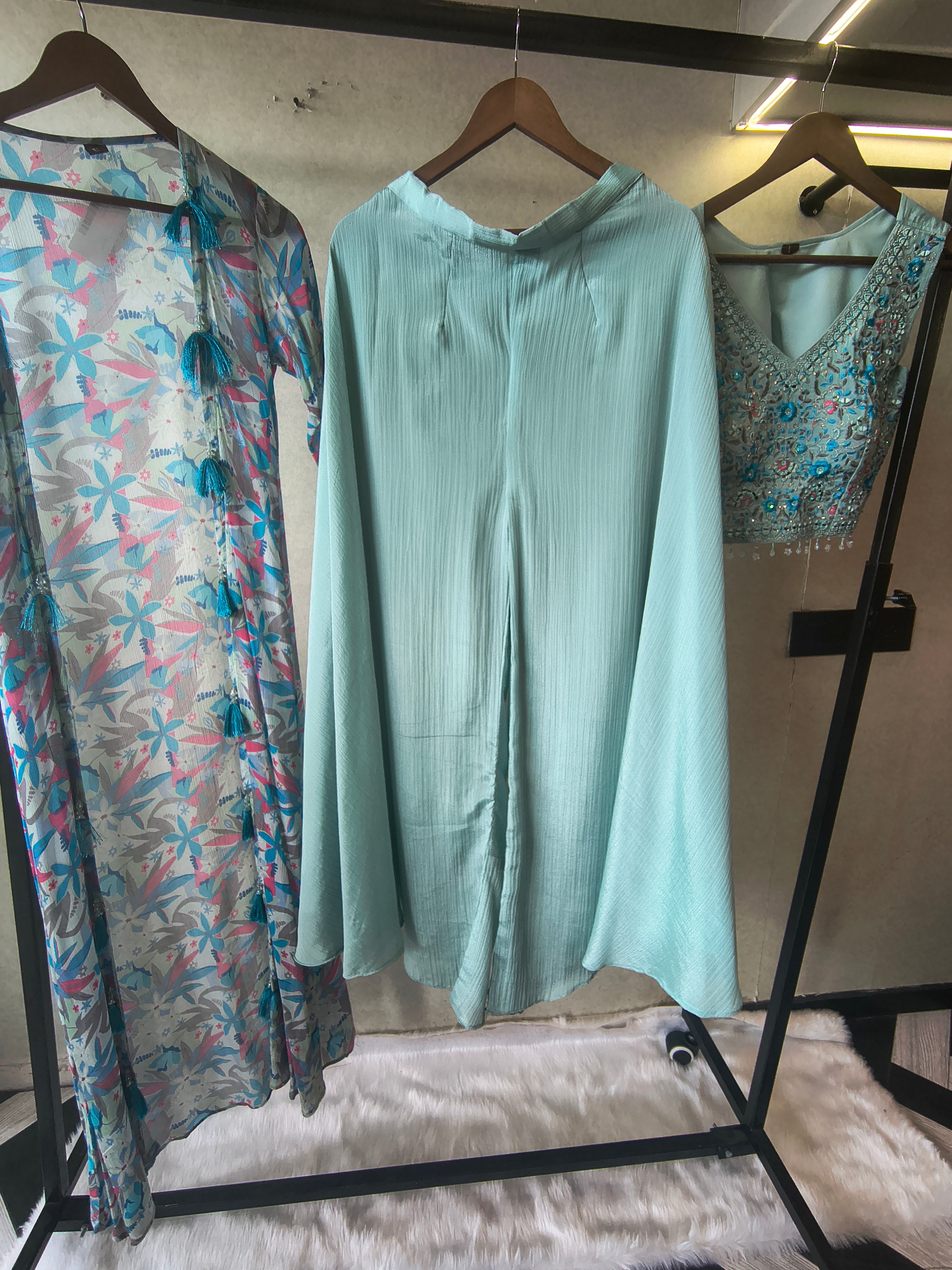 Image of Powder Blue Mirror Embroidered Blouse with Drape Palazzo & Printed Tassel Dupatta – Designer 3 Piece Indo-Western Set