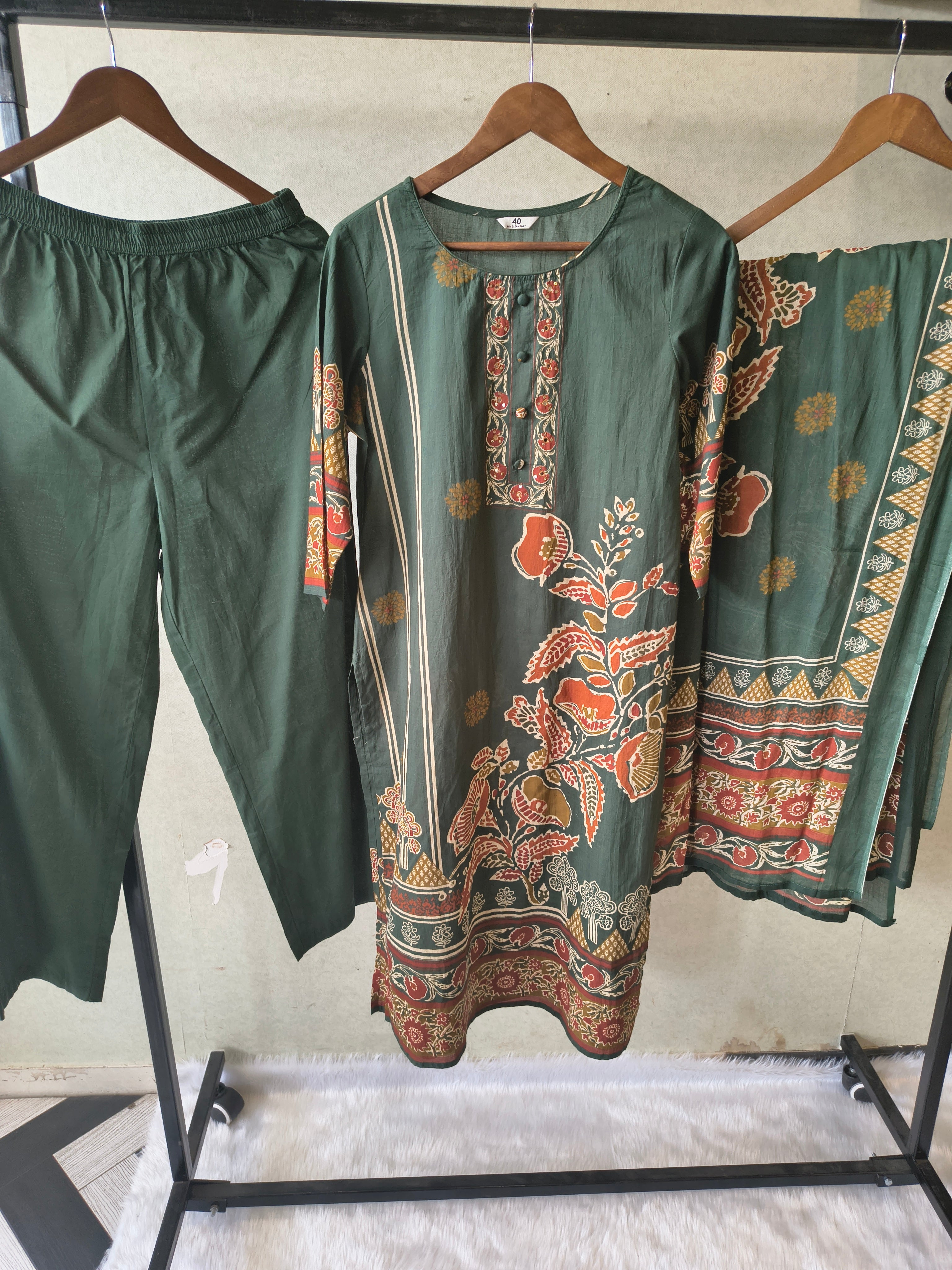 Image of Emerald Green Floral Printed Three-Piece Cotton Kurta Set with Dupatta
