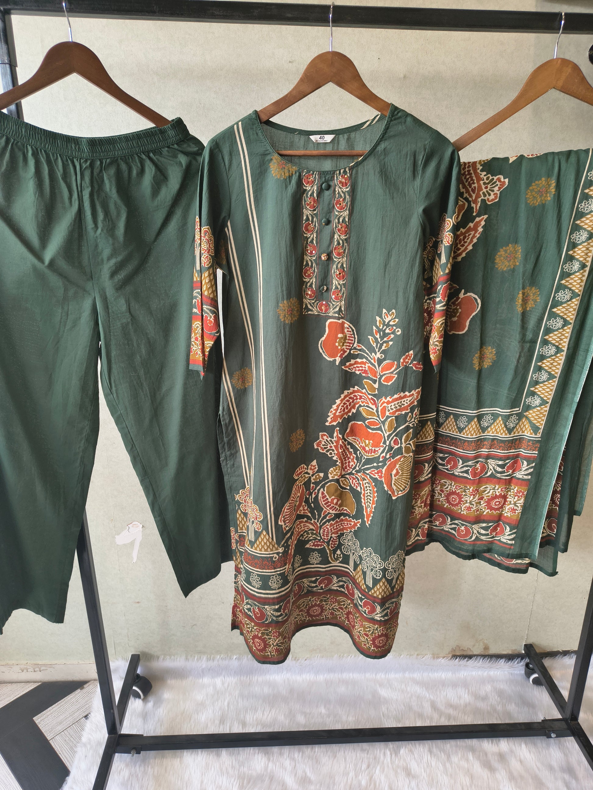 Emerald Green Floral Printed Three-Piece Cotton Kurta Set with Dupatta