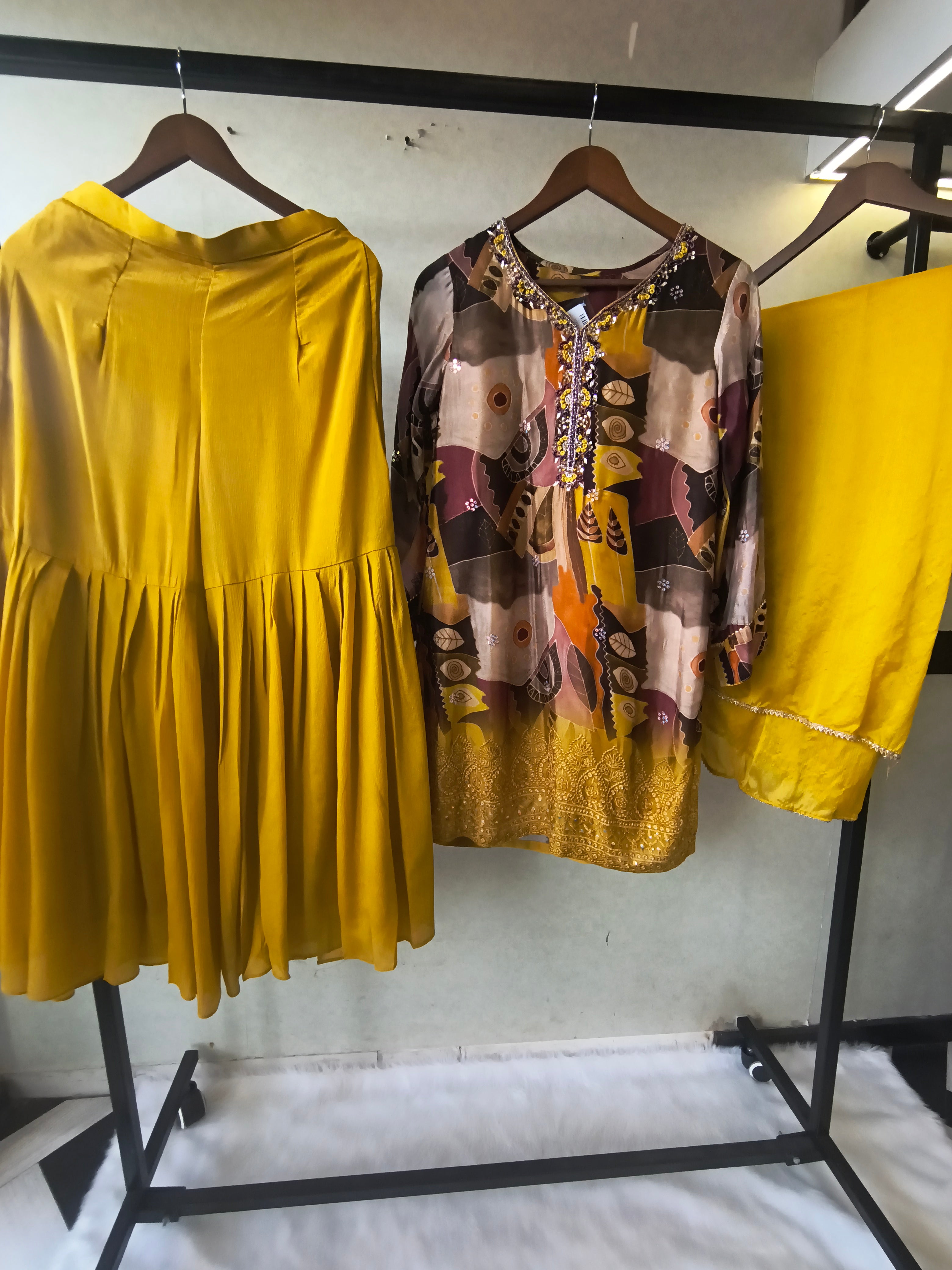 Image of Premium Mustard Abstract Printed Kurta with Sharara & Dupatta Set