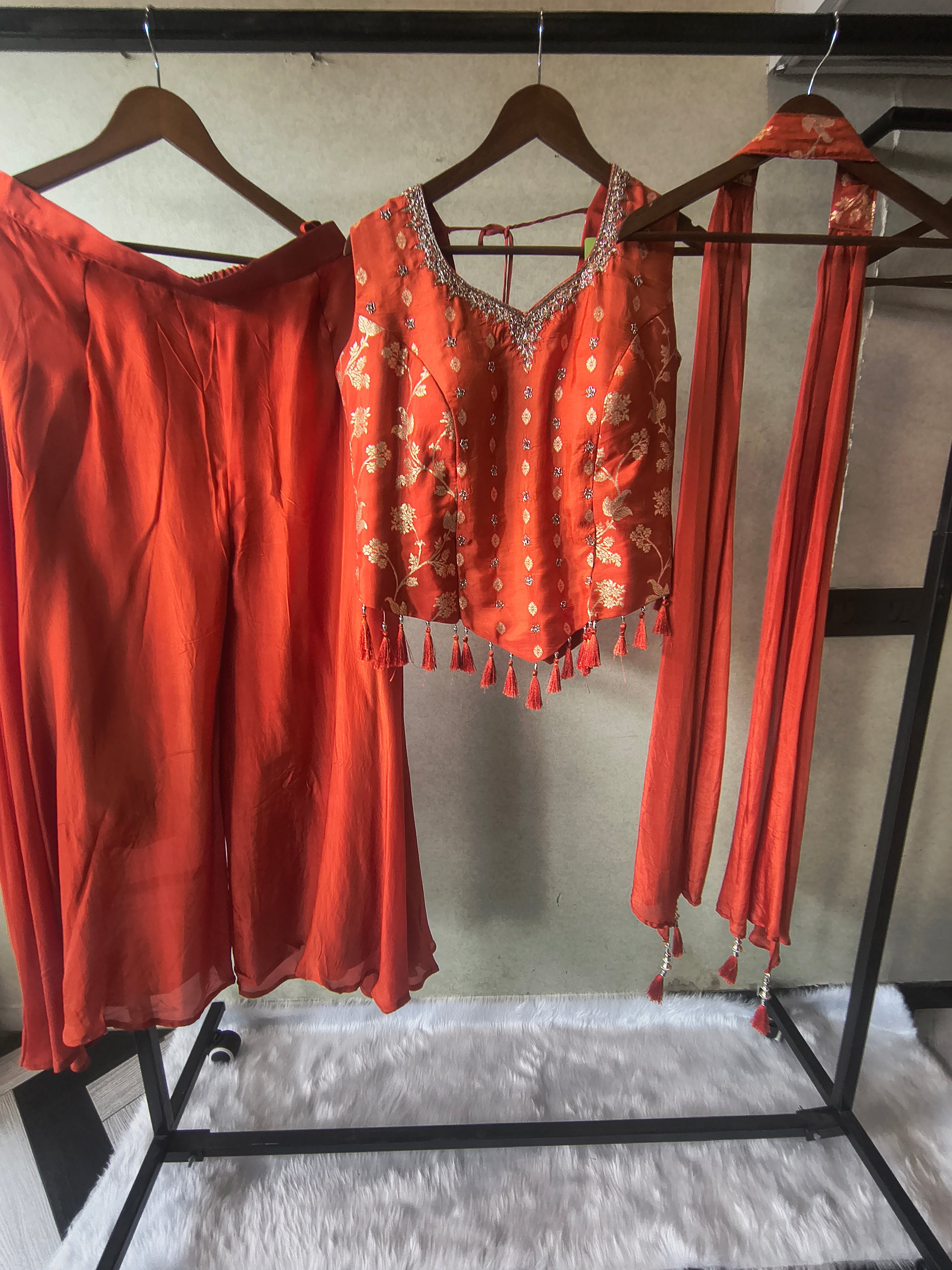 Premium Rust Orange 3-Piece Designer Lehenga Set with Zari Embroidered Peplum Blouse & Tassel Dupatta