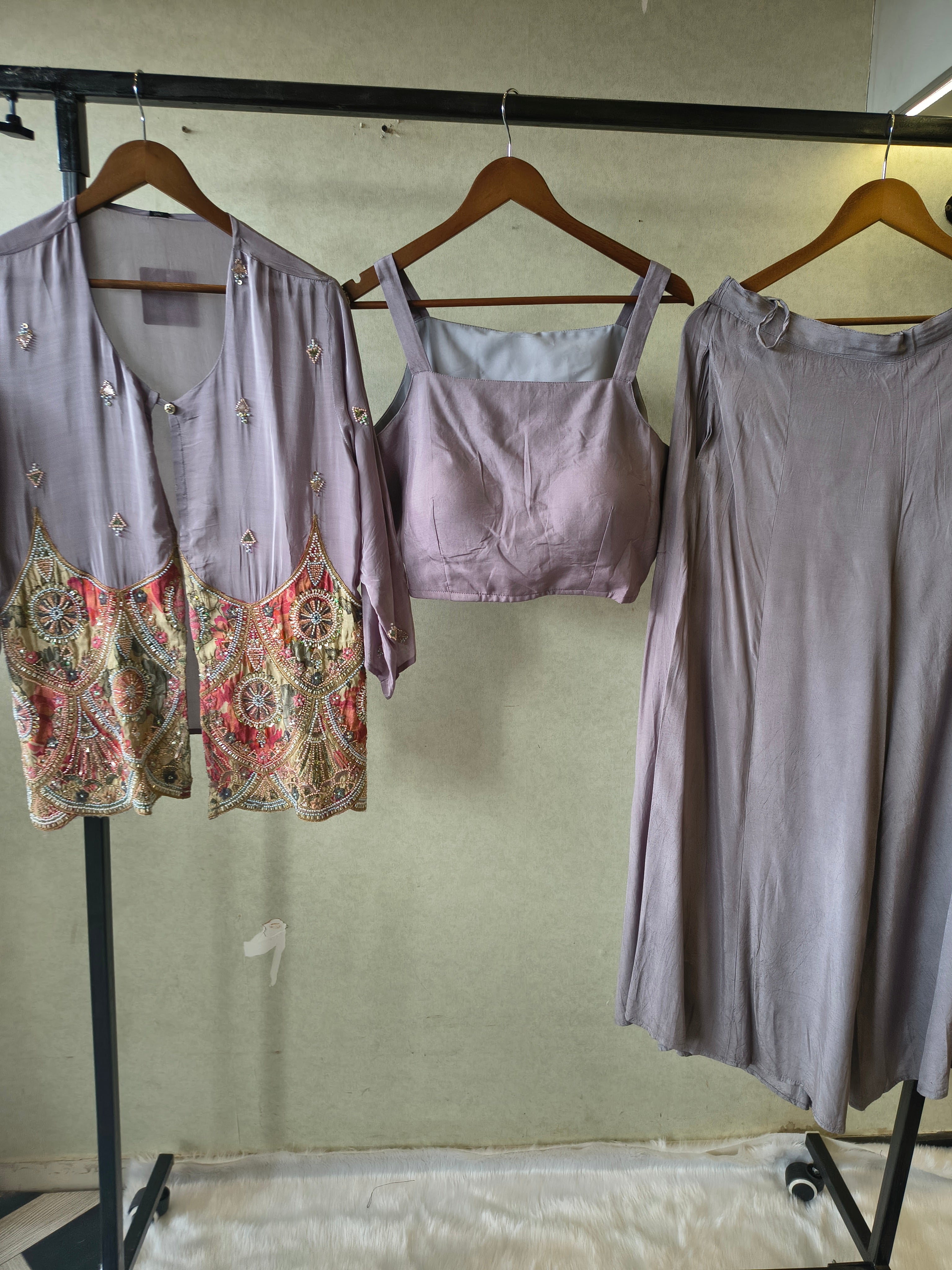 Image of Dusty Mauve Tissue Silk Embroidered Peplum Jacket with Bustier & Flared Palazzo – 3 Piece Designer Indo-Western Set