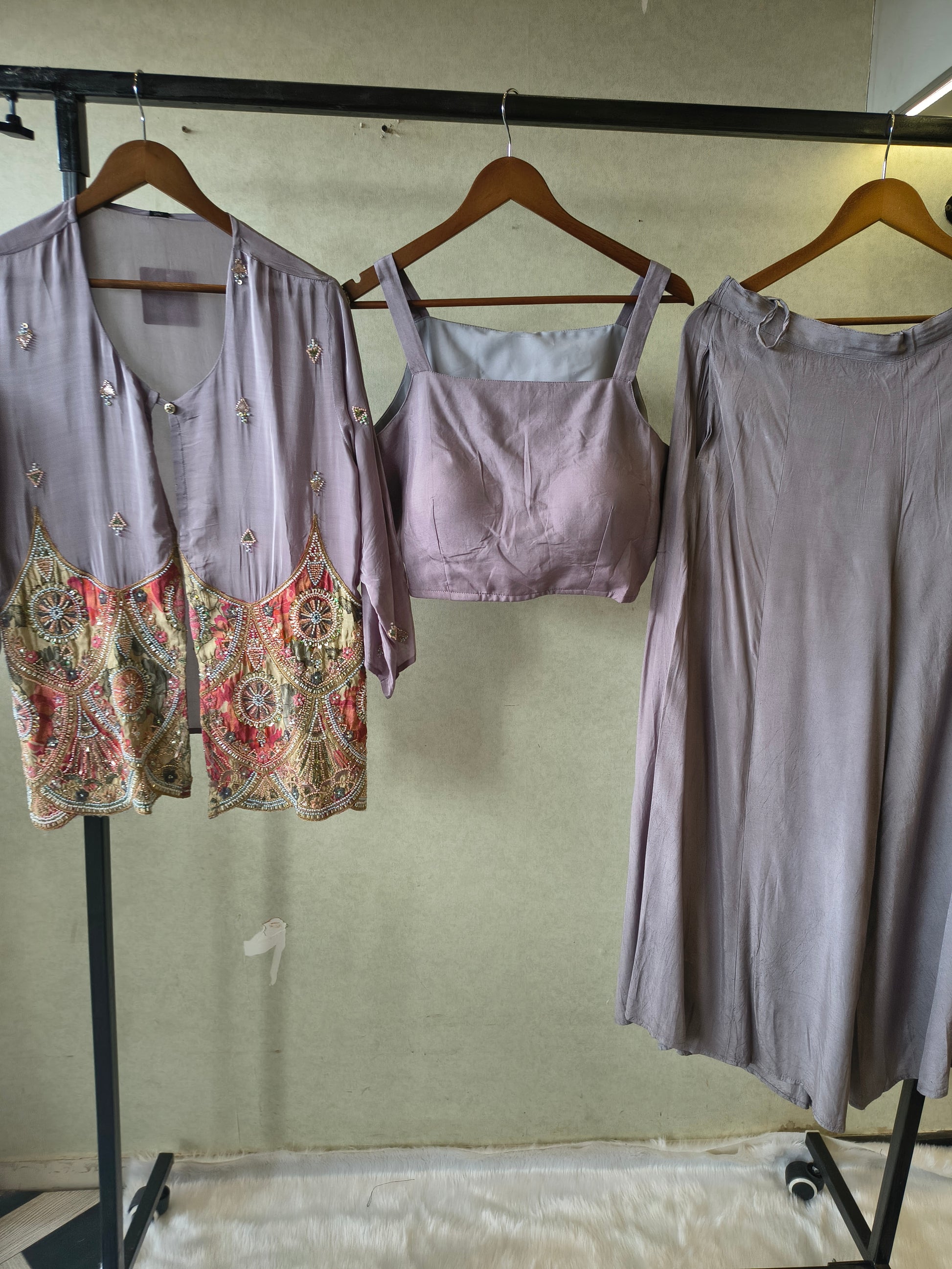 Dusty Mauve Tissue Silk Embroidered Peplum Jacket with Bustier & Flared Palazzo – 3 Piece Designer Indo-Western Set