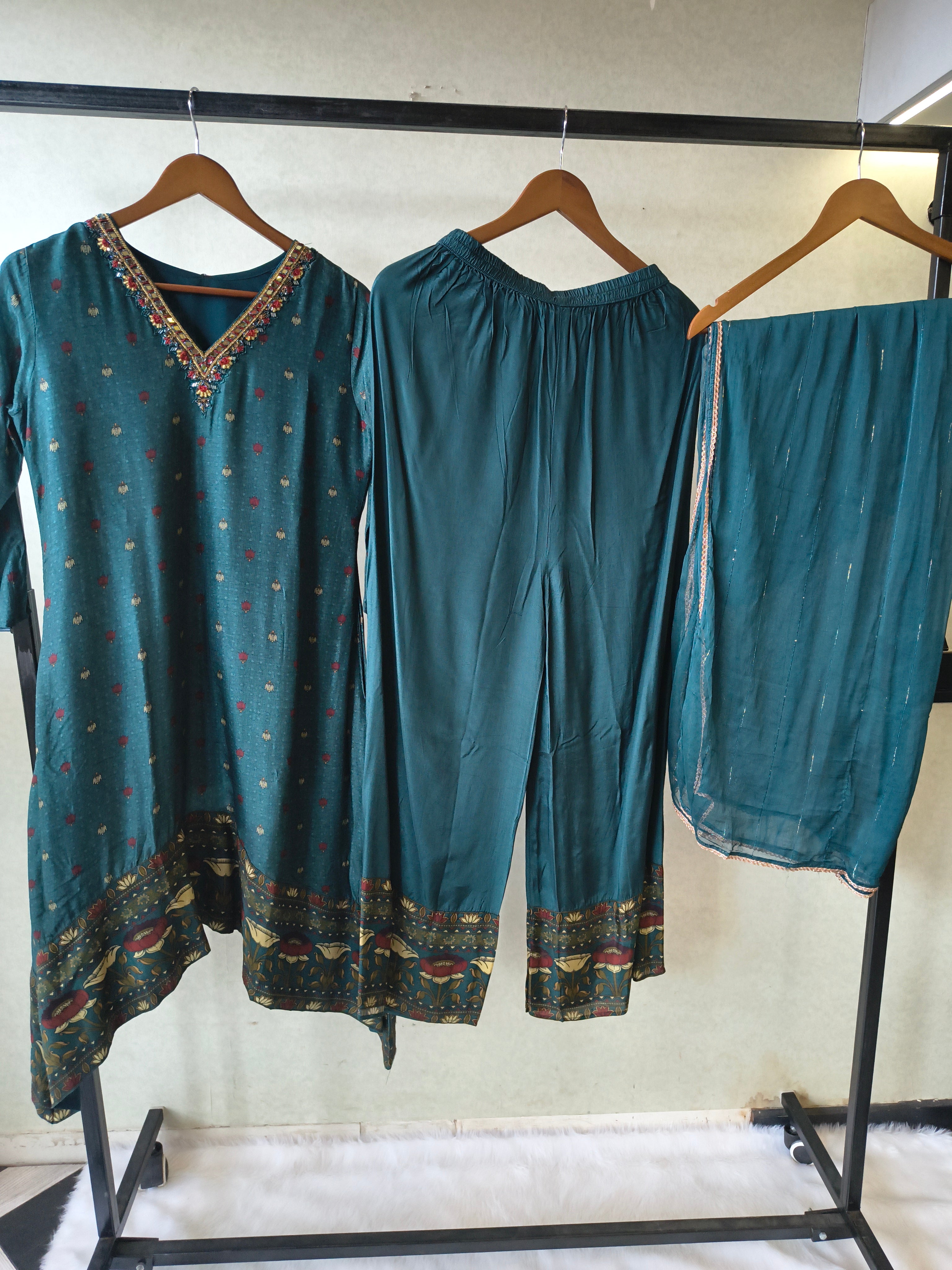 Image of Premium Teal Printed Straight Kurta with Palazzo & Dupatta Set