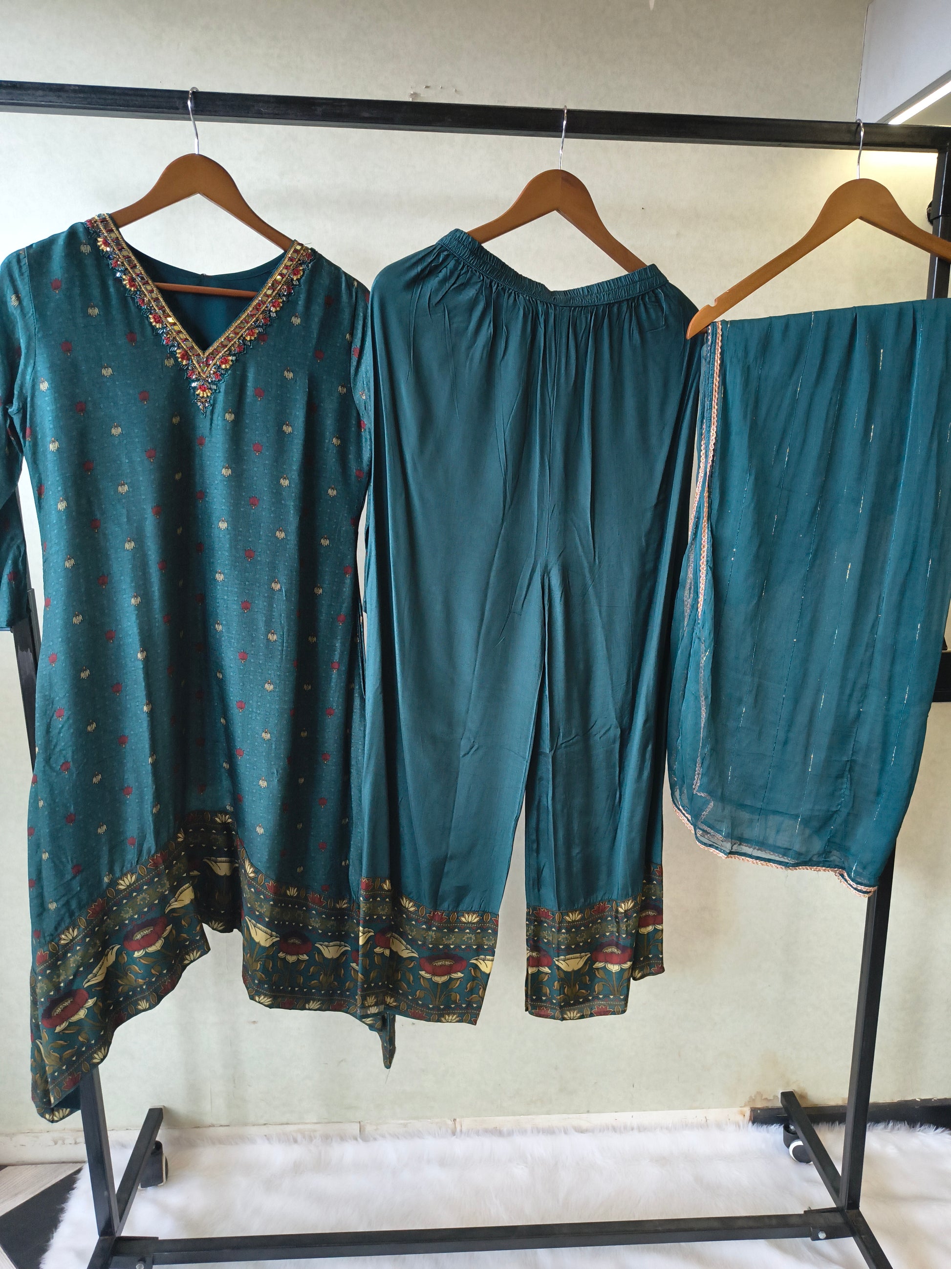 Premium Teal Printed Straight Kurta with Palazzo & Dupatta Set