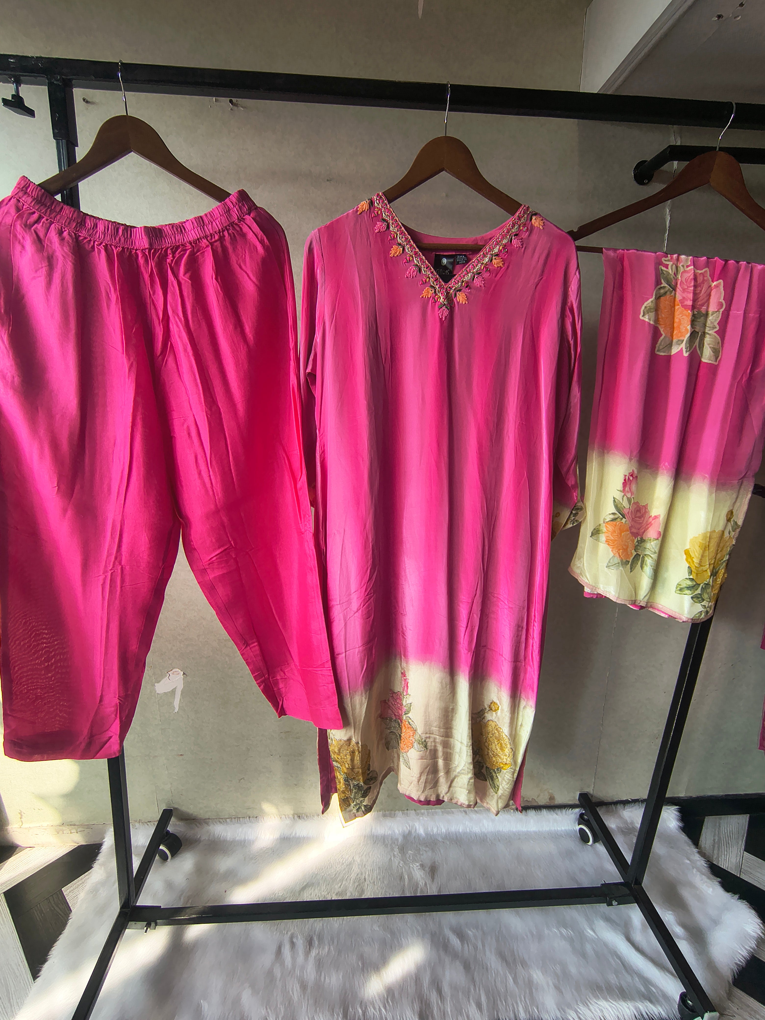 Image of Premium Fuchsia Pink Floral Embroidered Kurta Set with Printed Dupatta