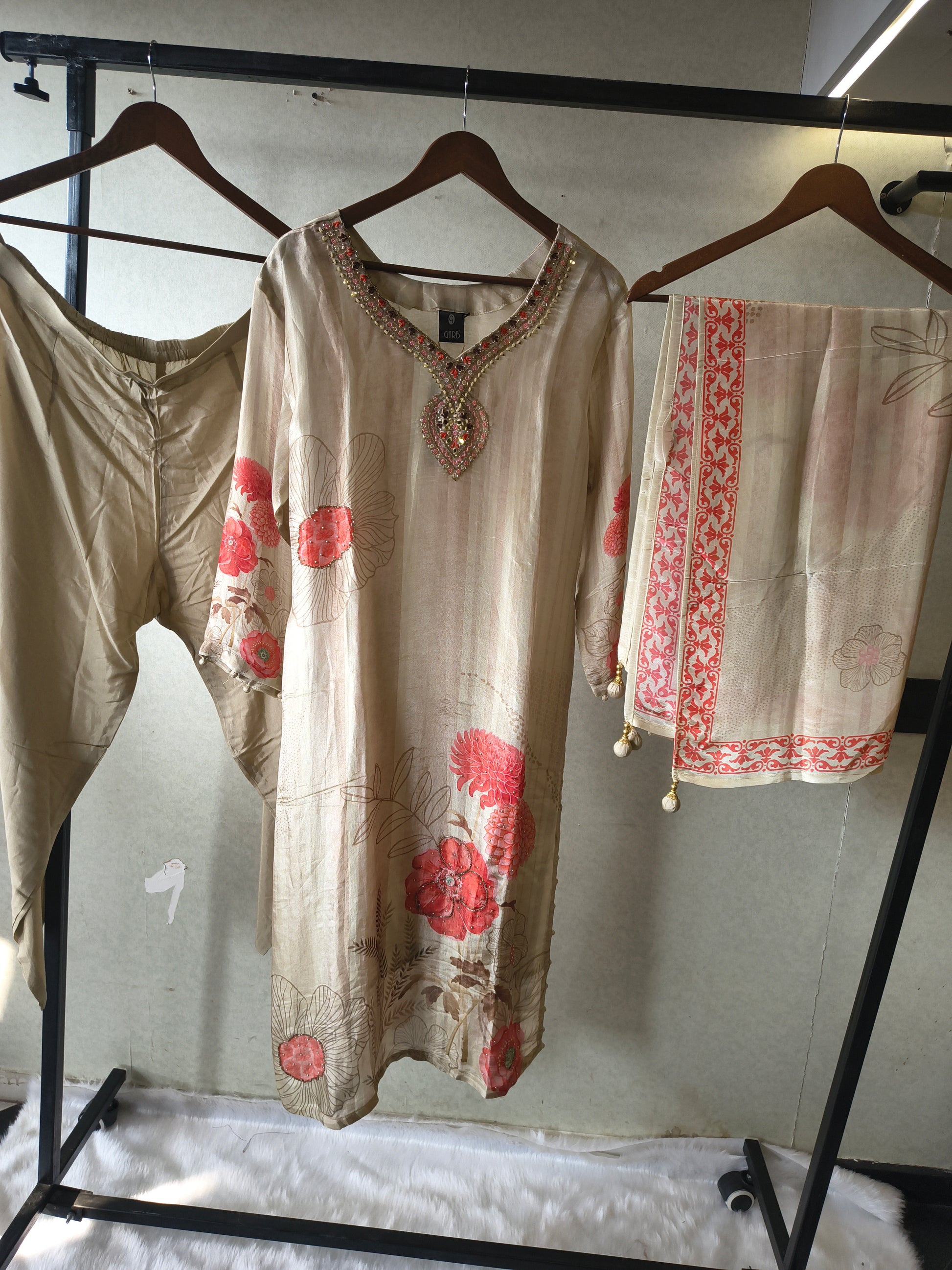 Beige Floral Printed Silk Blend Kurta Set with Hand-Embellished Neckline & Designer Dupatta – Premium 3 Piece Ethnic Ensemble