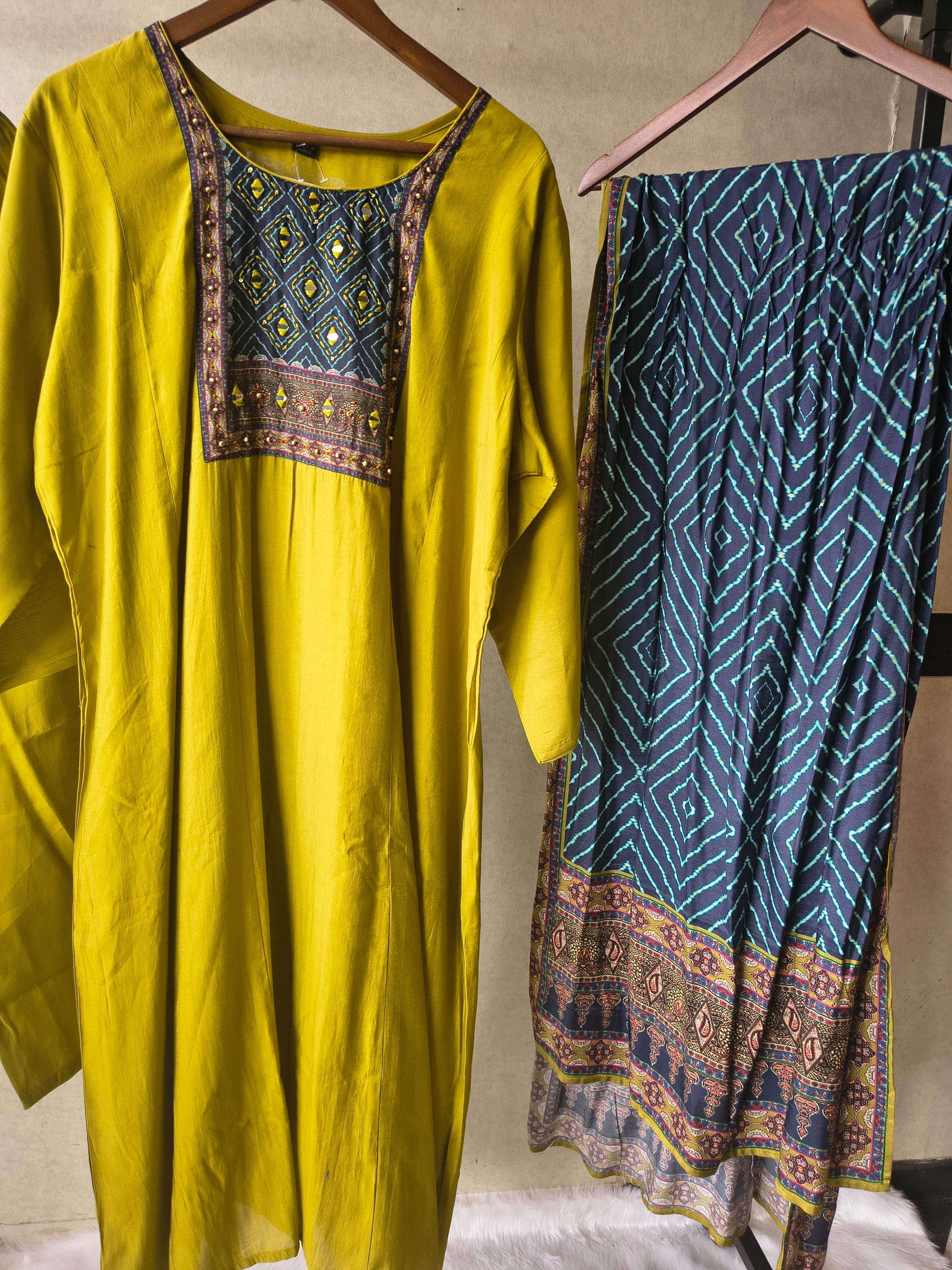 Image of Premium Olive Green Straight Kurta Set with Designer Woven Yoke, Solid Pants & Geometric Printed Dupatta