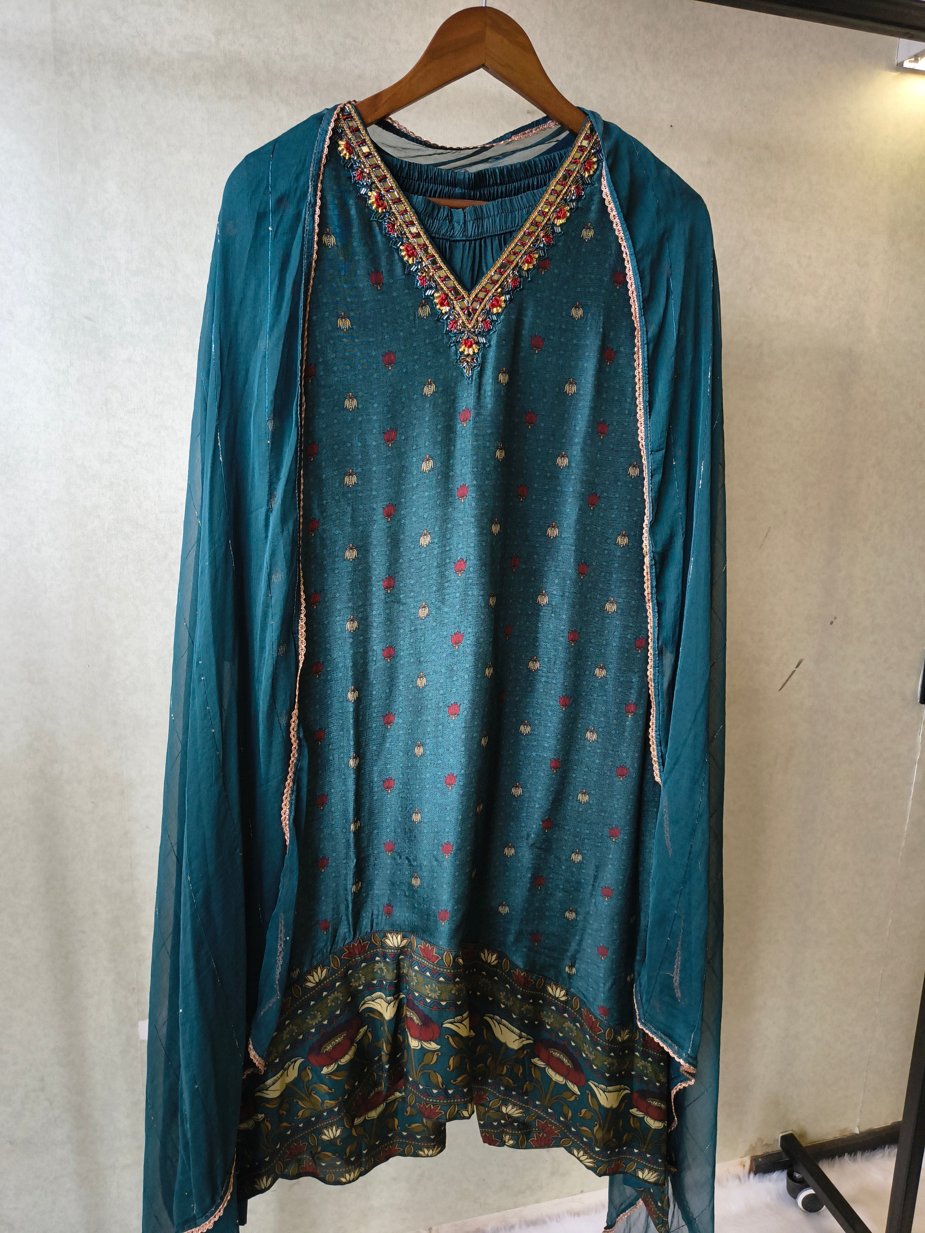 Image of Premium Teal Printed Straight Kurta with Palazzo & Dupatta Set