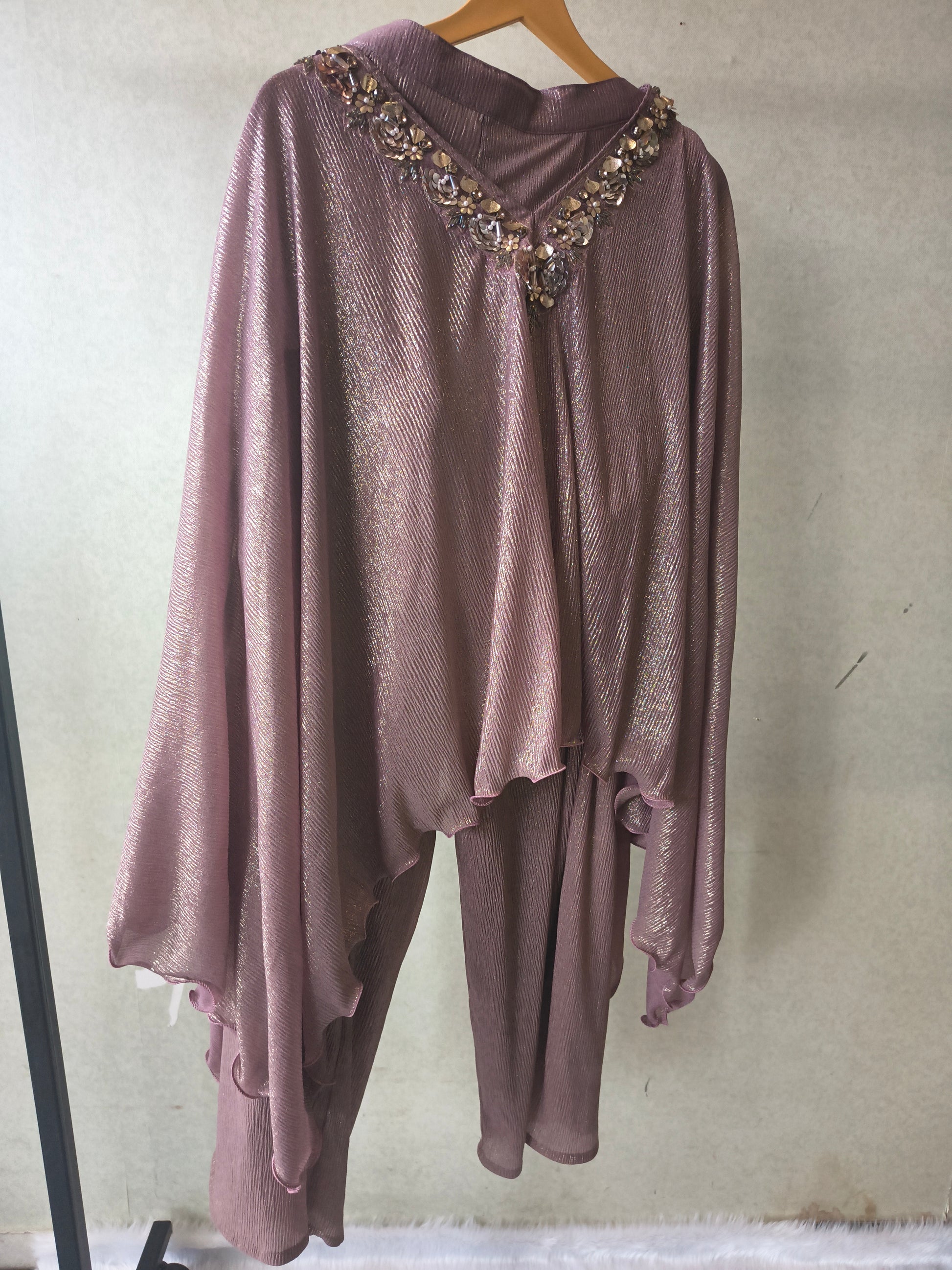 Premium Rose Gold Shimmer Kaftan Co-Ord Set with Hand Embellished Cape & Straight Pants