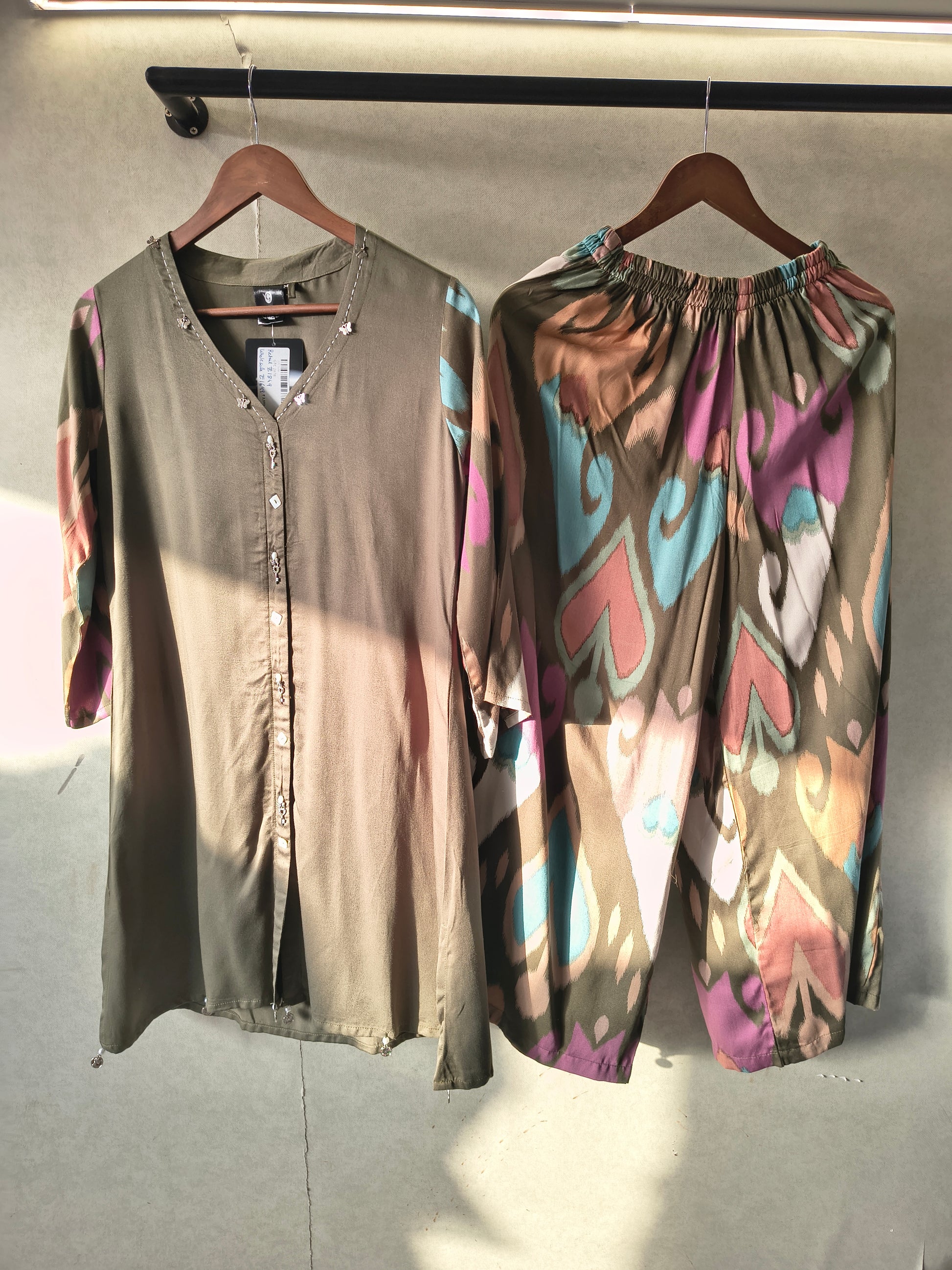 Olive Green Designer Co-Ord Set with Abstract Printed Pants & Embellished Neckline