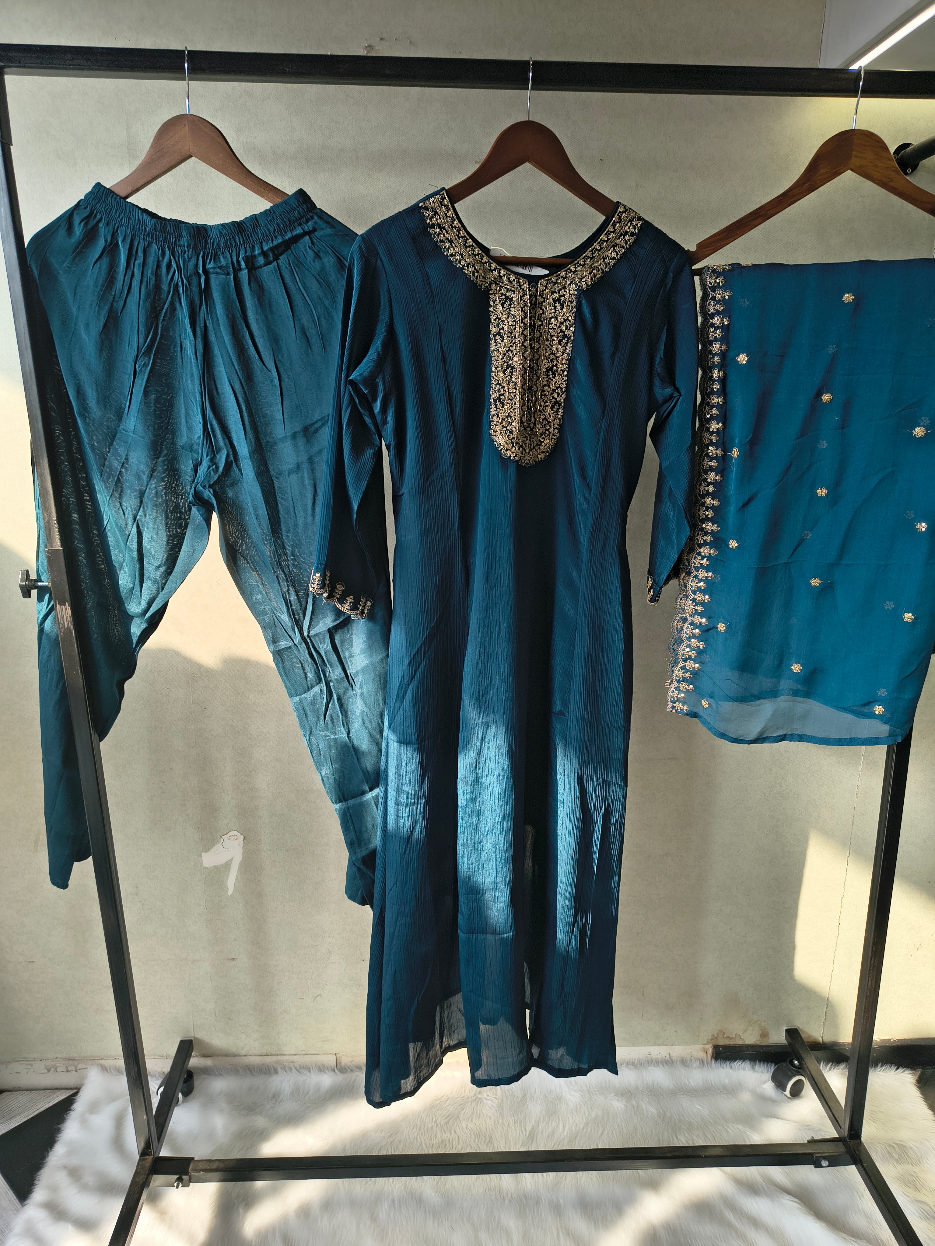Image of Premium Teal Blue Embroidered Straight Kurta with Salwar Pants & Embellished Dupatta Set