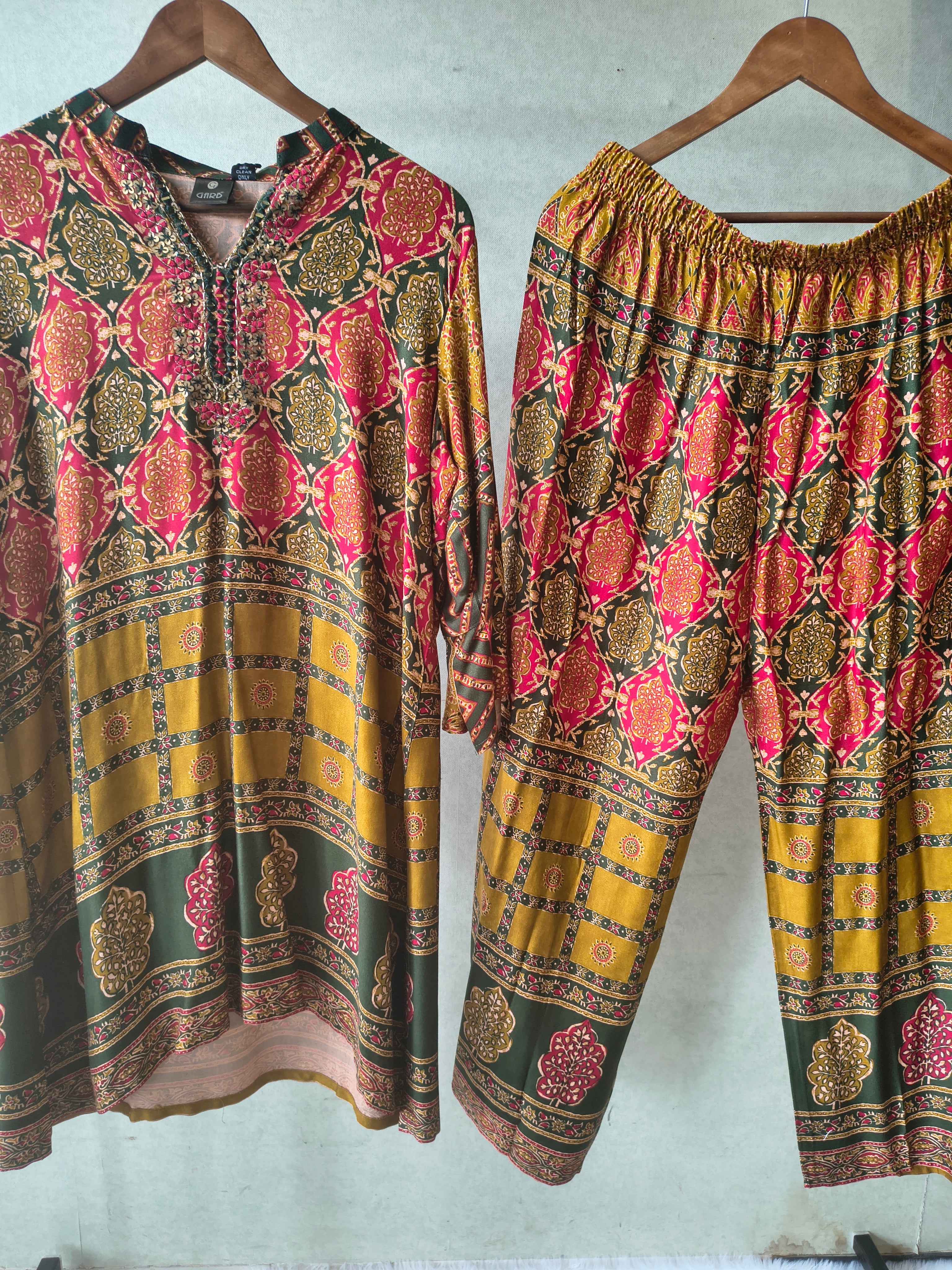 Image of Premium Olive Green & Mustard Heritage Print Co-Ord Kurta Set with Straight Pants