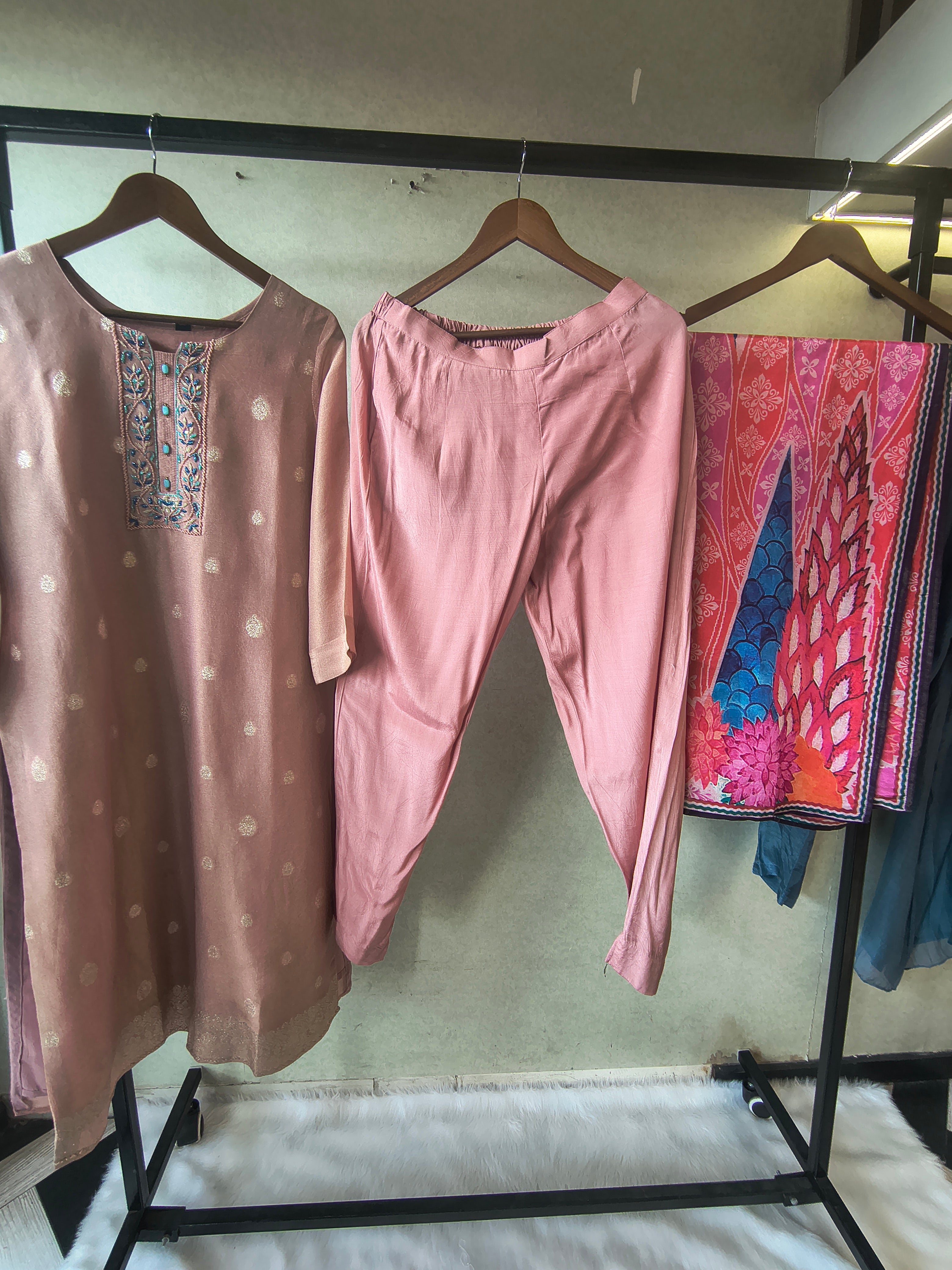 Image of Premium Blush Pink Embroidered Straight Kurta with Cigarette Pants & Designer Printed Dupatta Set