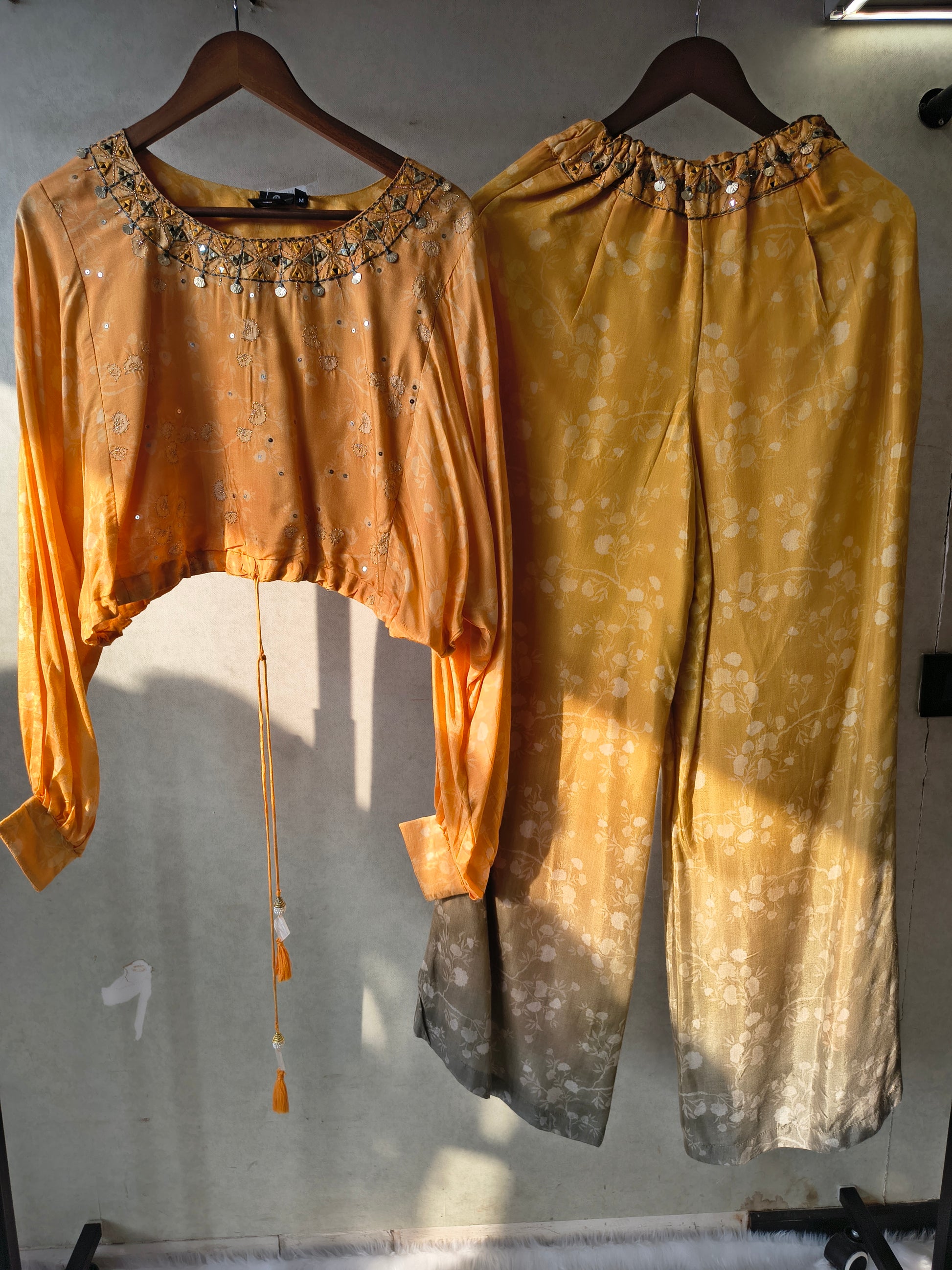 Premium Sunset Ombre Embellished Crop Top & Wide-Leg Palazzo Co-Ord Set