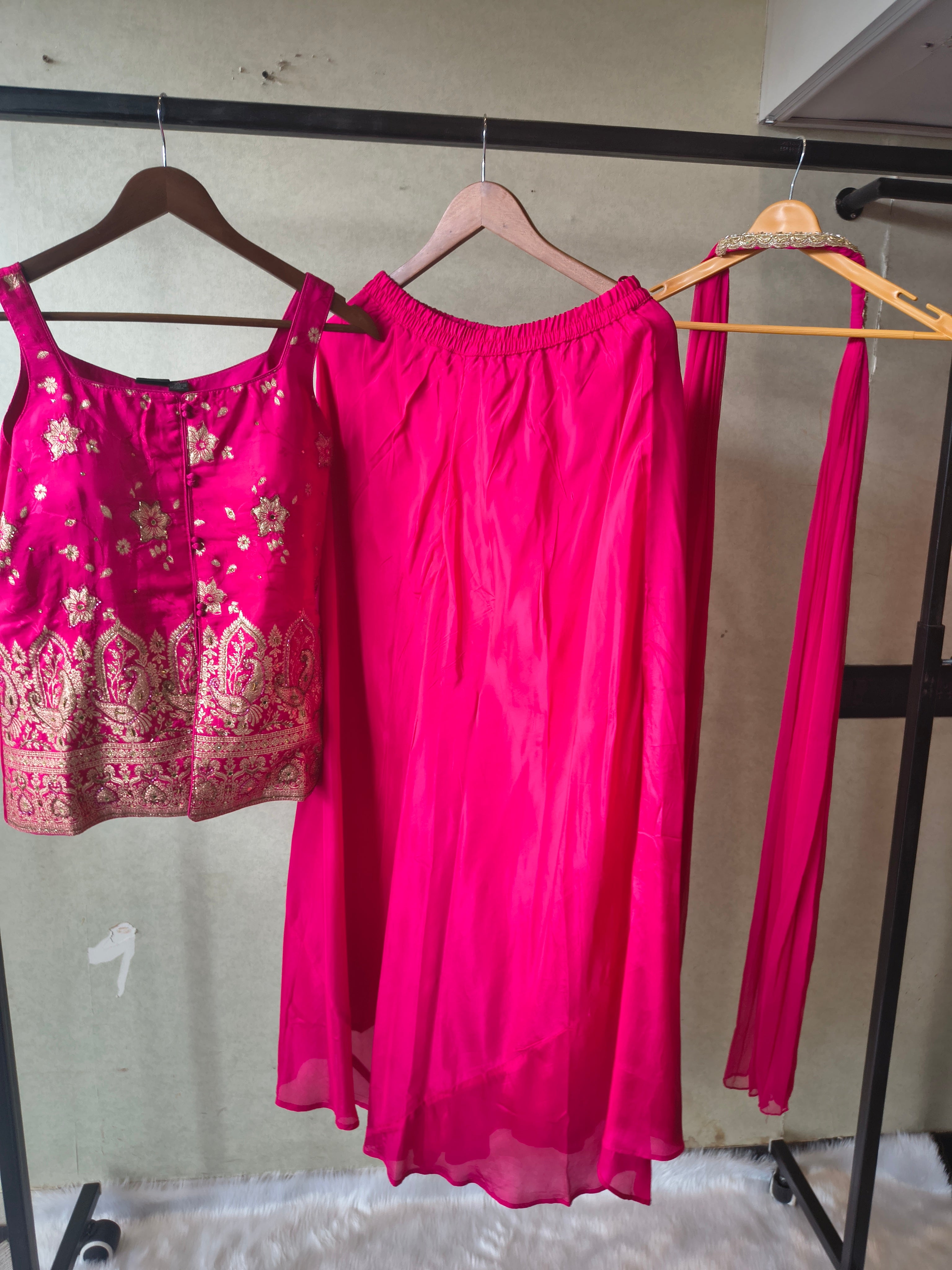 Image of Premium Rani Pink Satin Silk 3-Piece Lehenga Set with Heavy Zari Embroidered Blouse & Dupatta