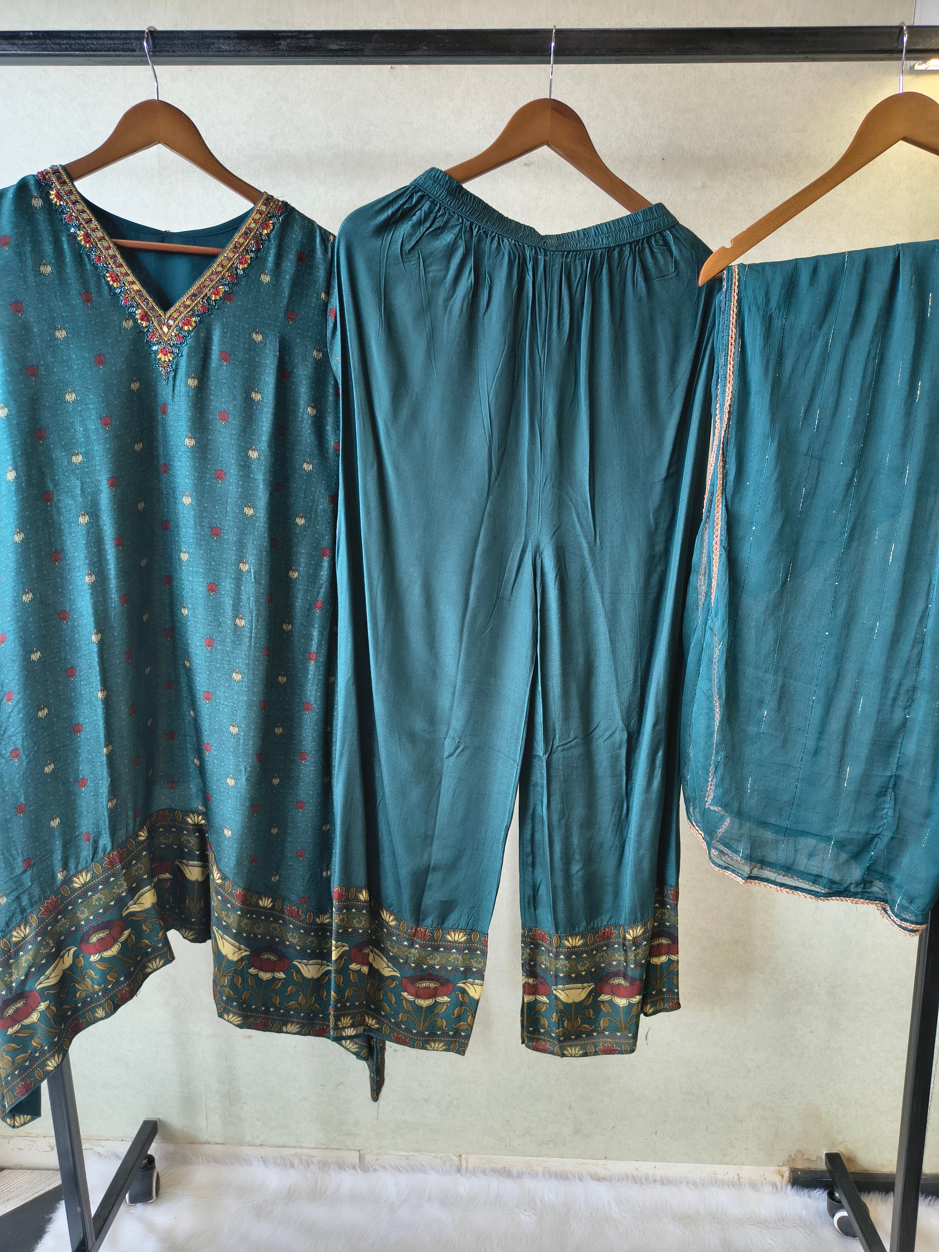 Image of Premium Teal Printed Straight Kurta with Palazzo & Dupatta Set