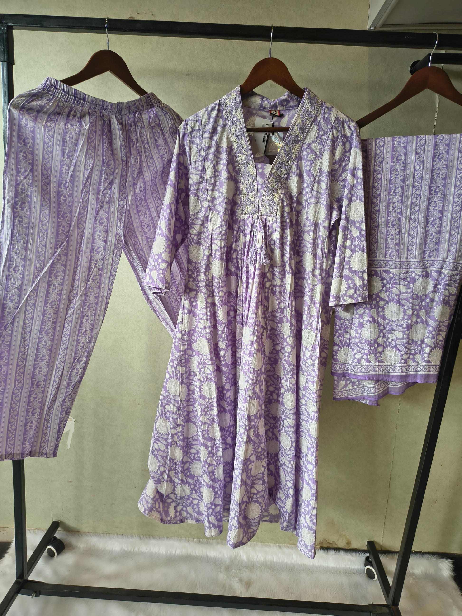 Premium Lavender Floral Printed Cotton Anarkali Kurta Set with Striped Pants & Printed Dupatta