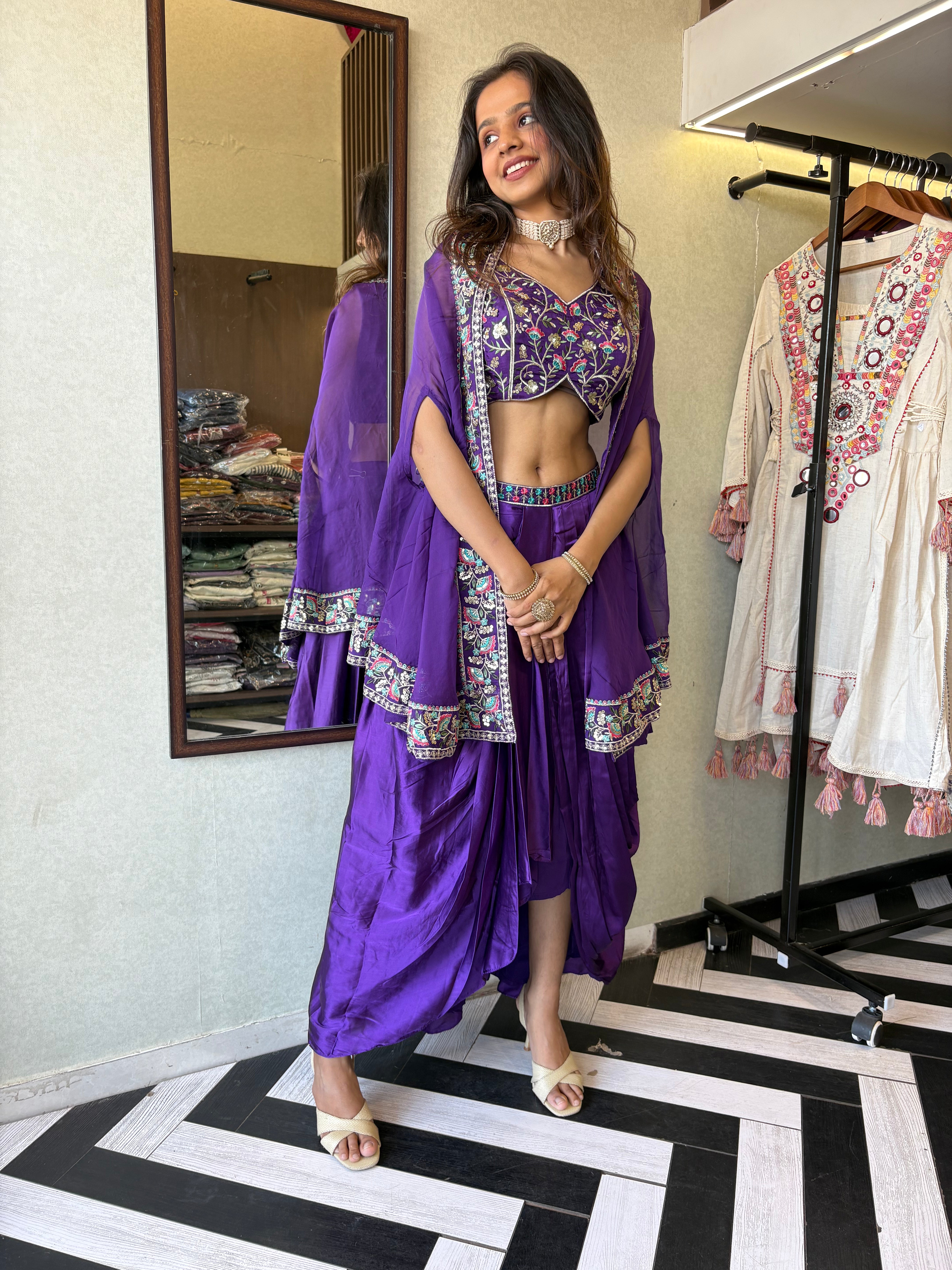 Image of Elegance, Embroidery & the Perfect Drape - All in One Look!

Make your presence unforgettable in this pure crepe purple 3-piece Indo-Western. Full hand embroidery, flawless drape, and designer finishing - this is what statement style looks like