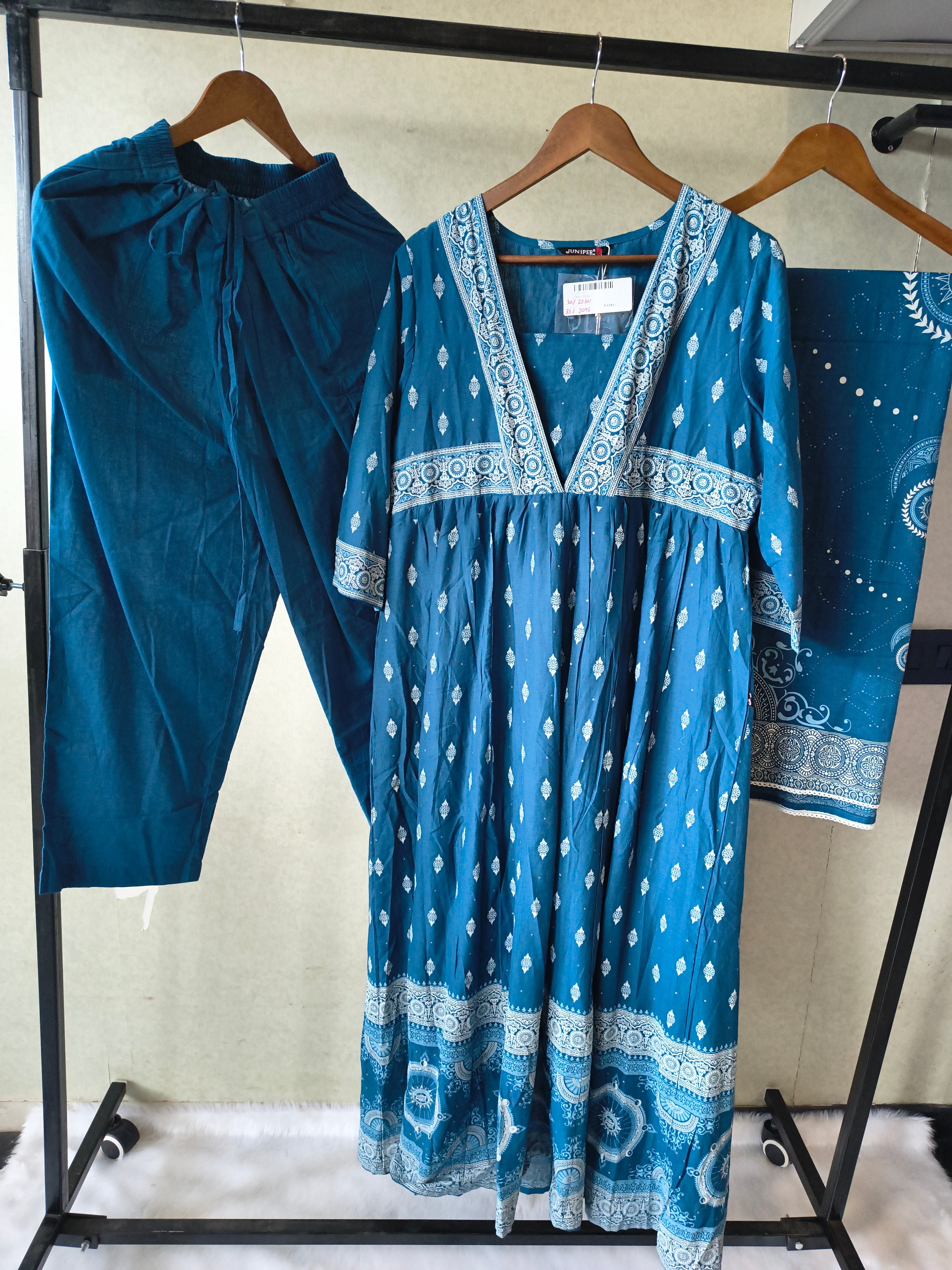 Image of Juniper Premium Teal Blue Printed Cotton Kurta Set with Solid Pants & Printed Dupatta