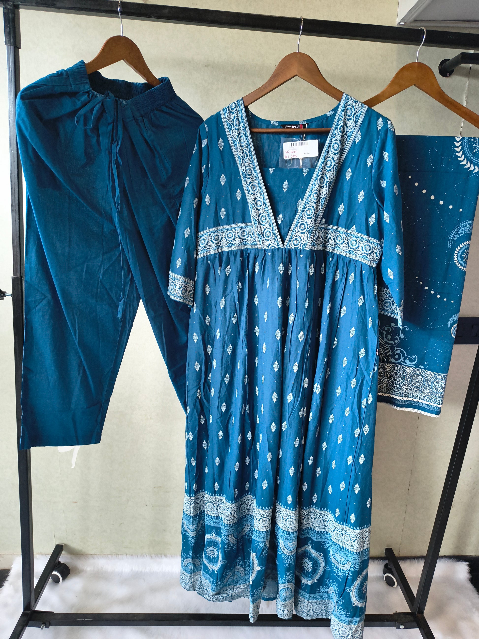 Juniper Premium Teal Blue Printed Cotton Kurta Set with Solid Pants & Printed Dupatta