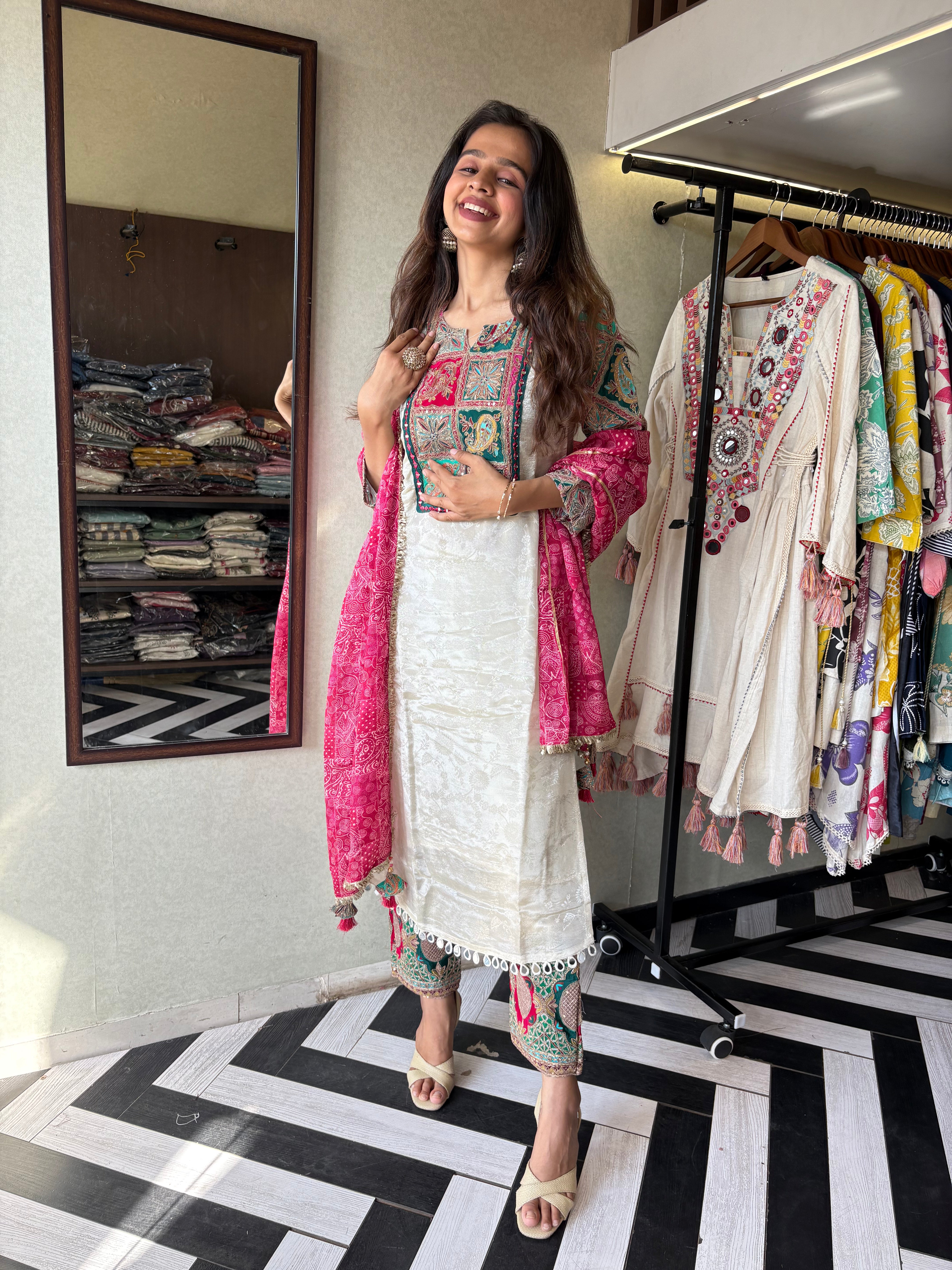 Image of Step into elegance with this Shimmer Kurti Set - featuring weaving detail and pure hand mirror work that brings grace and glam together!