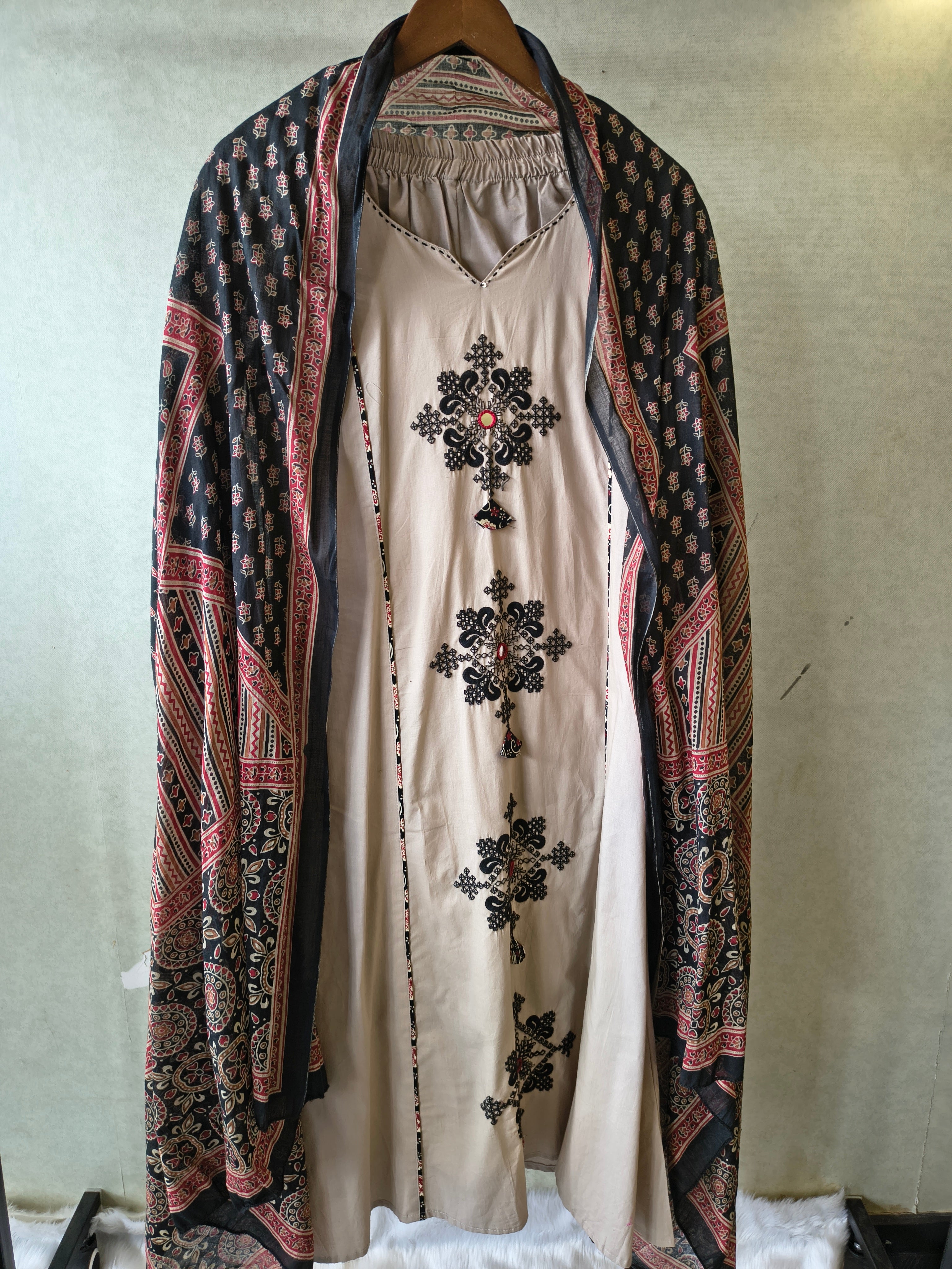 Image of Blush Beige Cotton Straight Kurta Set with Floral Embroidery & Printed Dupatta