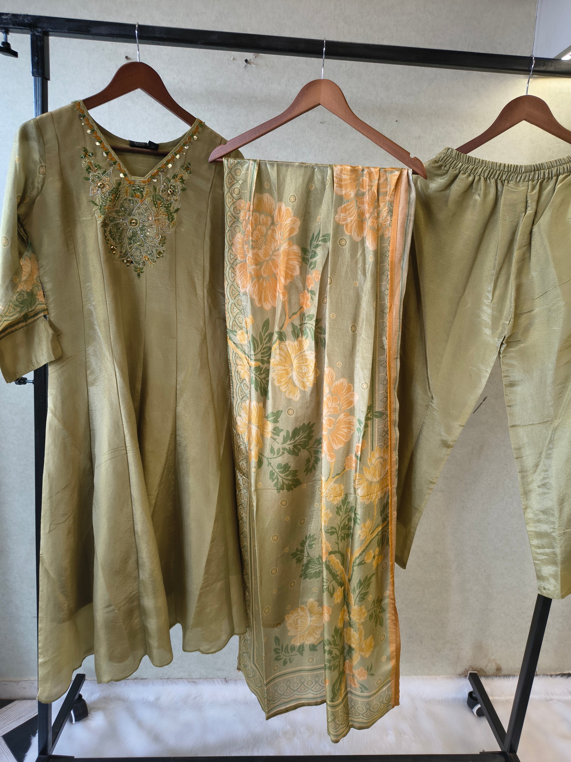 Sage Olive Embroidered Designer Kurta Set with Floral Printed Dupatta | Premium 3 Piece Ethnic Suit