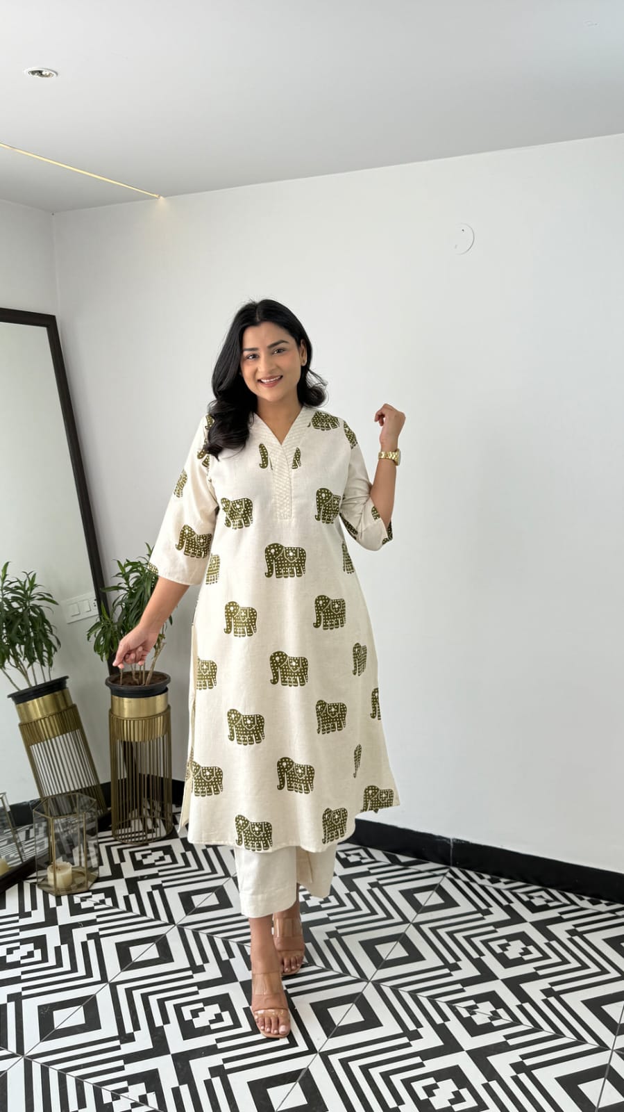 Explore Breathable & Embroidered and beautiful elephant print all over kurti Co-ord Sets your go-to for any occasion