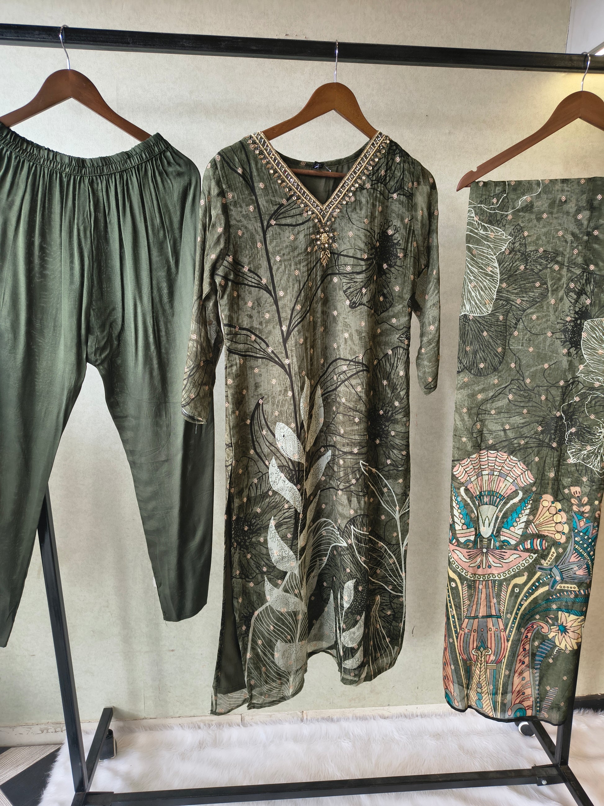 Premium Olive Botanical Print Straight Kurta with Cigarette Pants & Dupatta Set