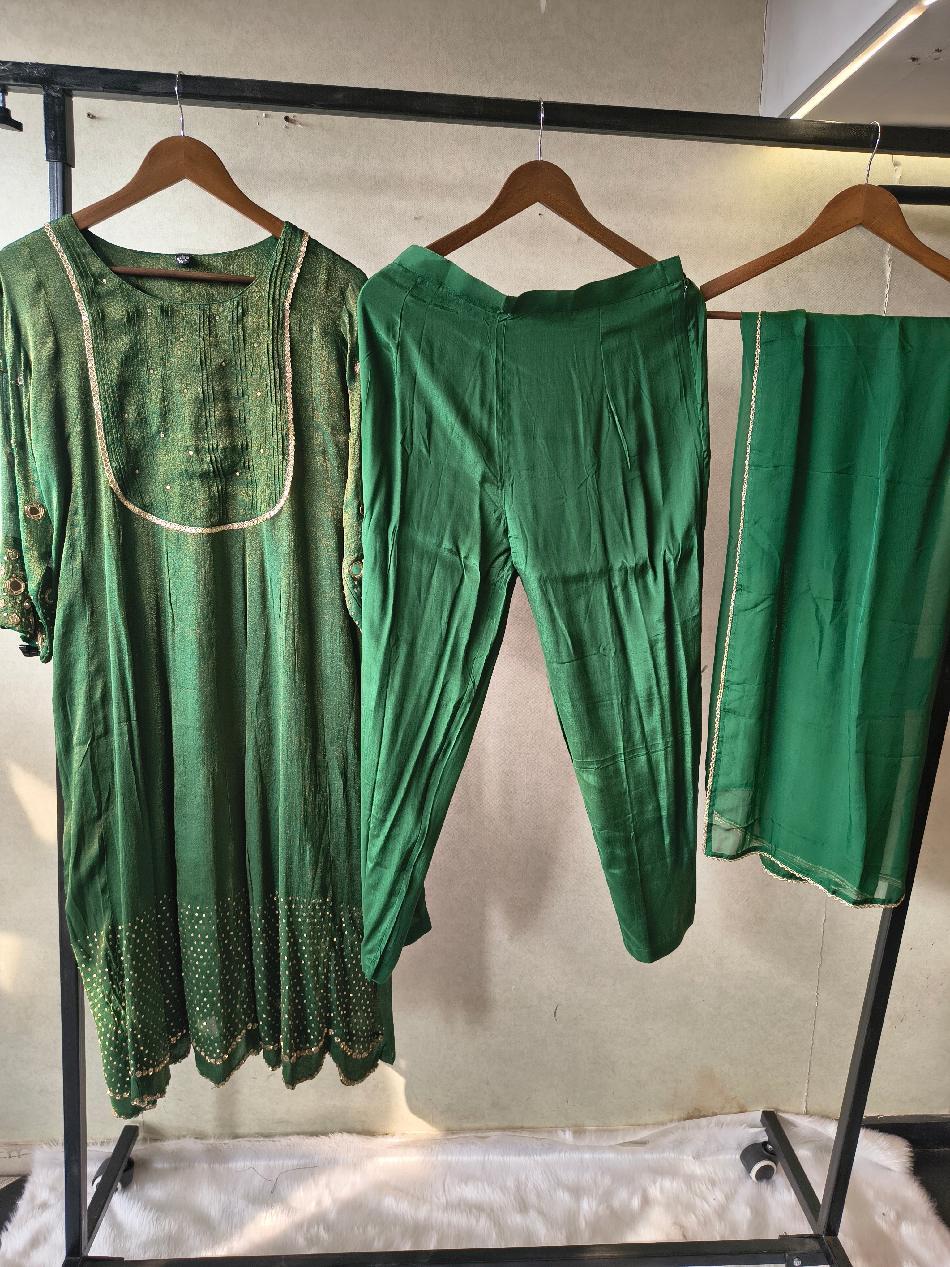 Image of Emerald Green Georgette Anarkali Suit Set with Pintuck Yoke, Sequin Detailing & Lace Border Dupatta – Premium 3 Piece Ethnic Ensemble