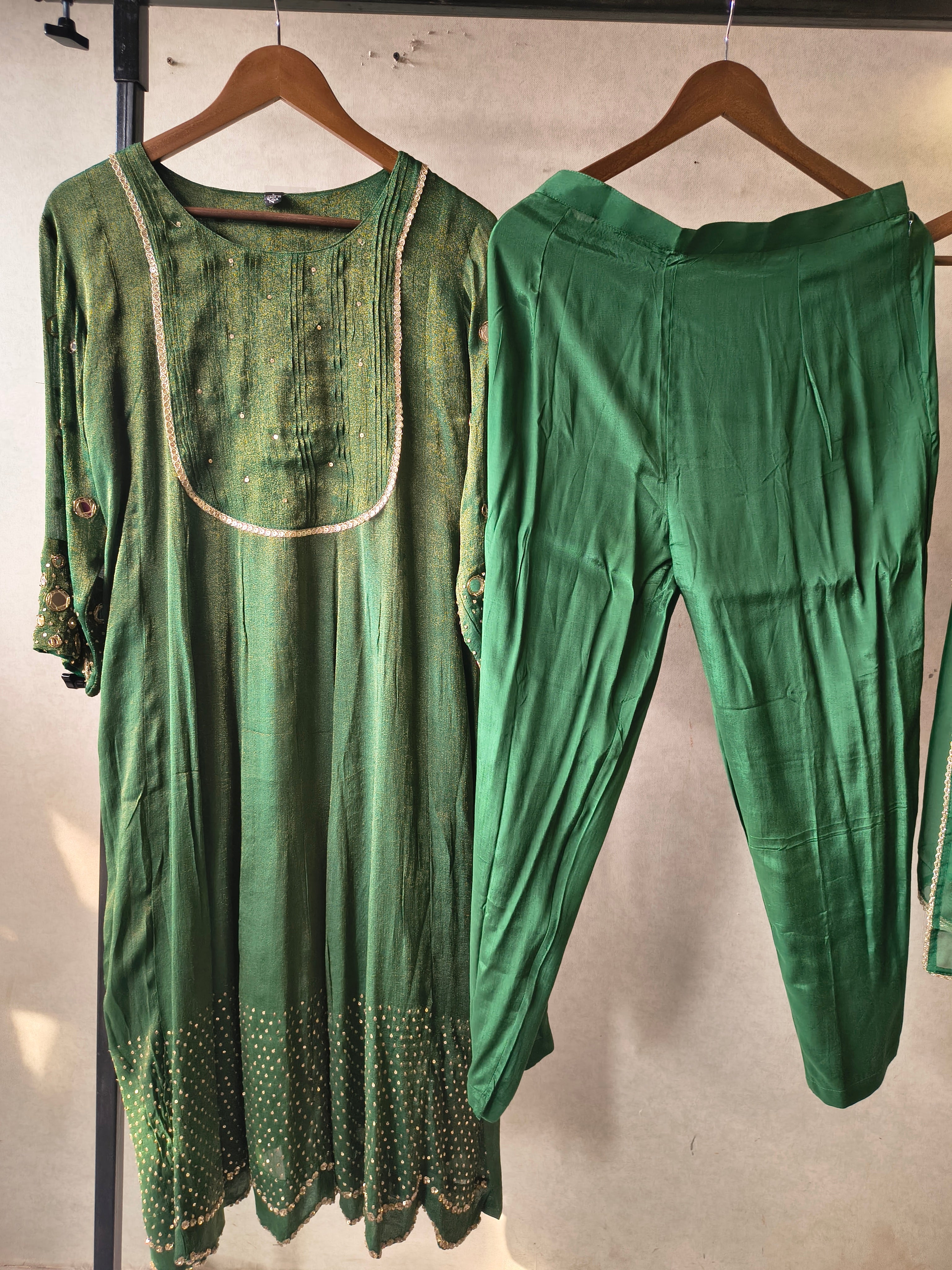 Image of Emerald Green Georgette Anarkali Suit Set with Pintuck Yoke, Sequin Detailing & Lace Border Dupatta – Premium 3 Piece Ethnic Ensemble