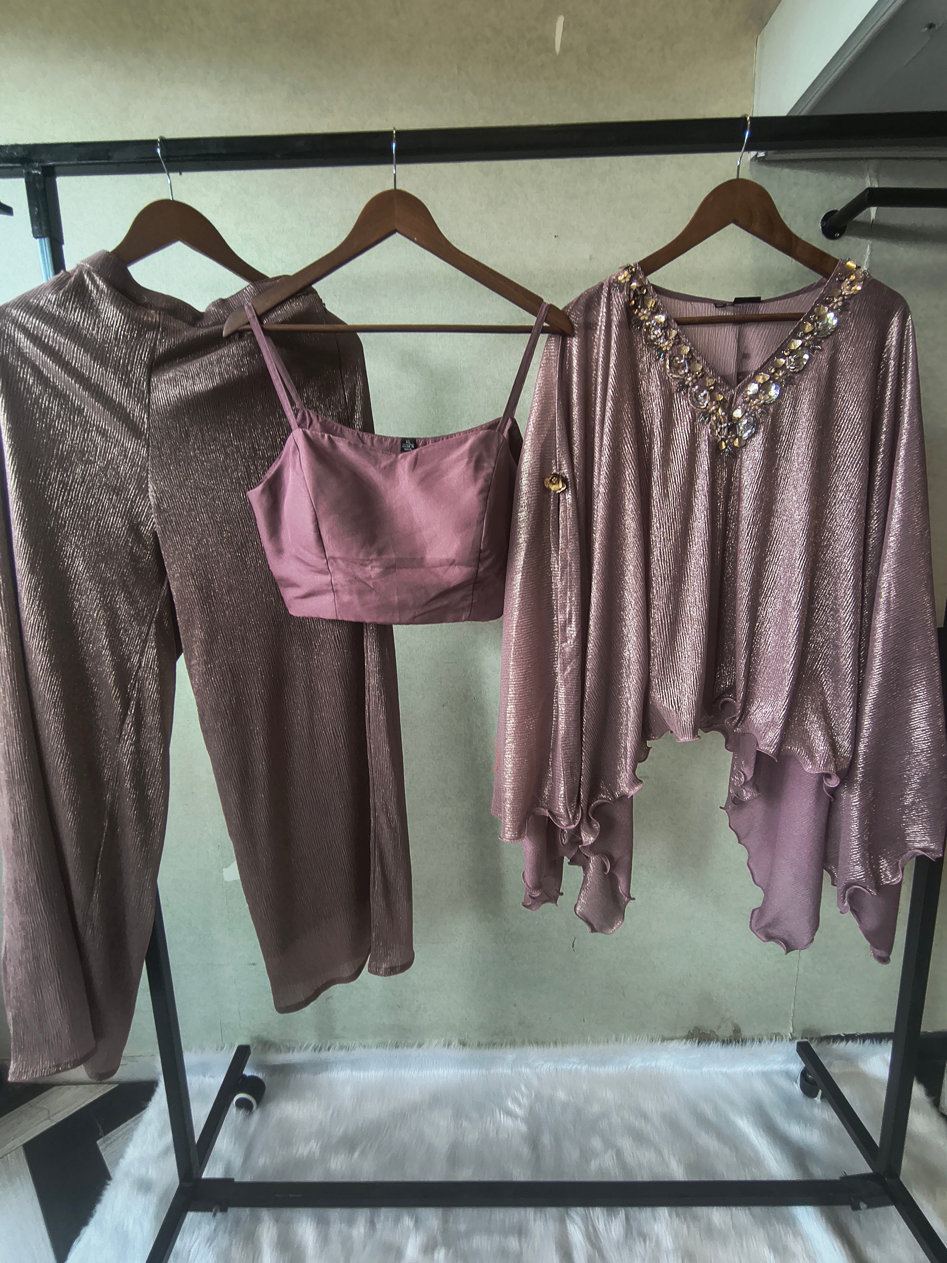 Image of Premium Rose Gold Shimmer Kaftan Co-Ord Set with Hand Embellished Cape & Straight Pants