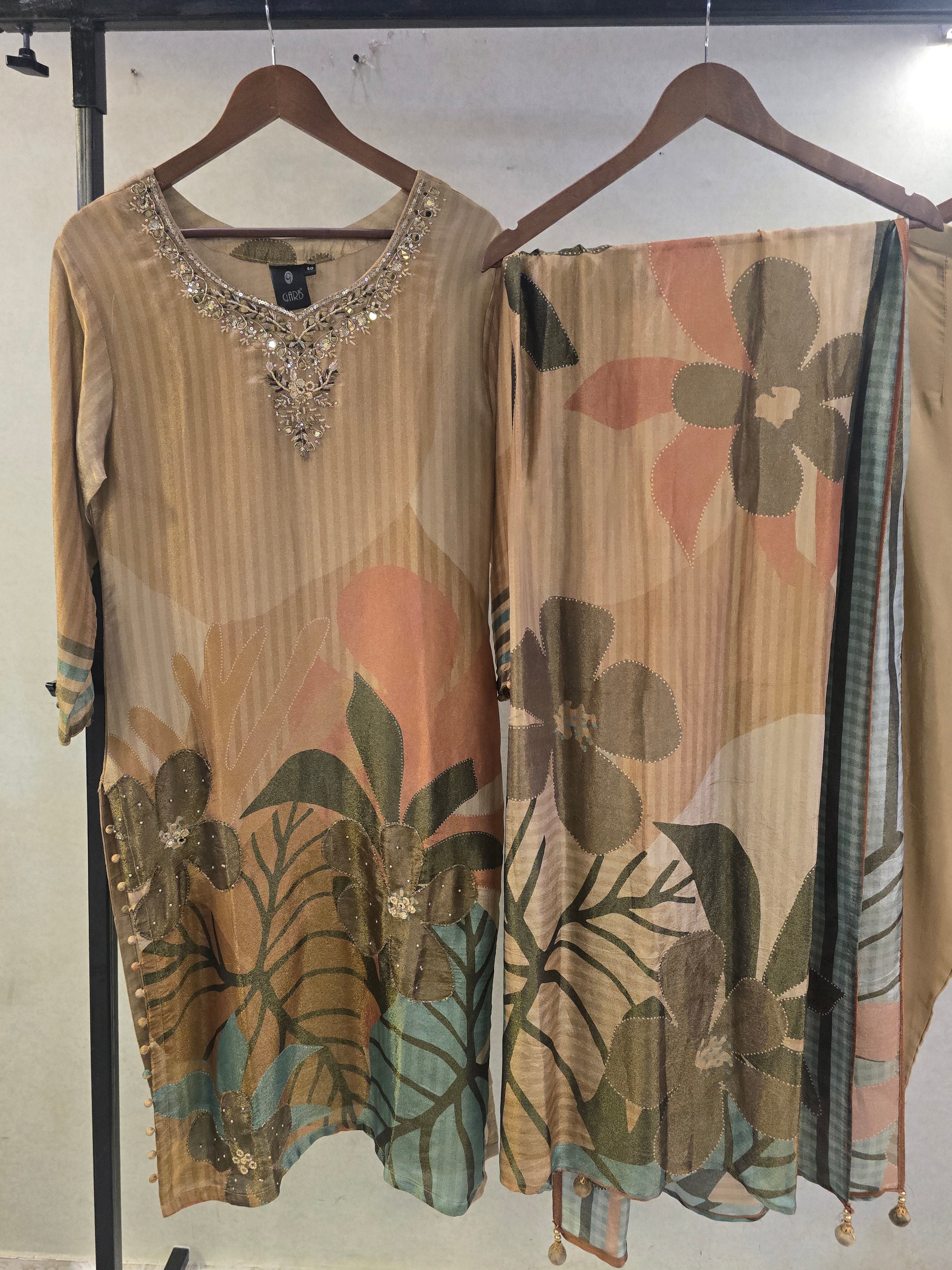 Image of Beige Floral Printed Designer Kurta Set with Embellished Neckline & Printed Dupatta | Premium 3 Piece Ethnic Ensemble
