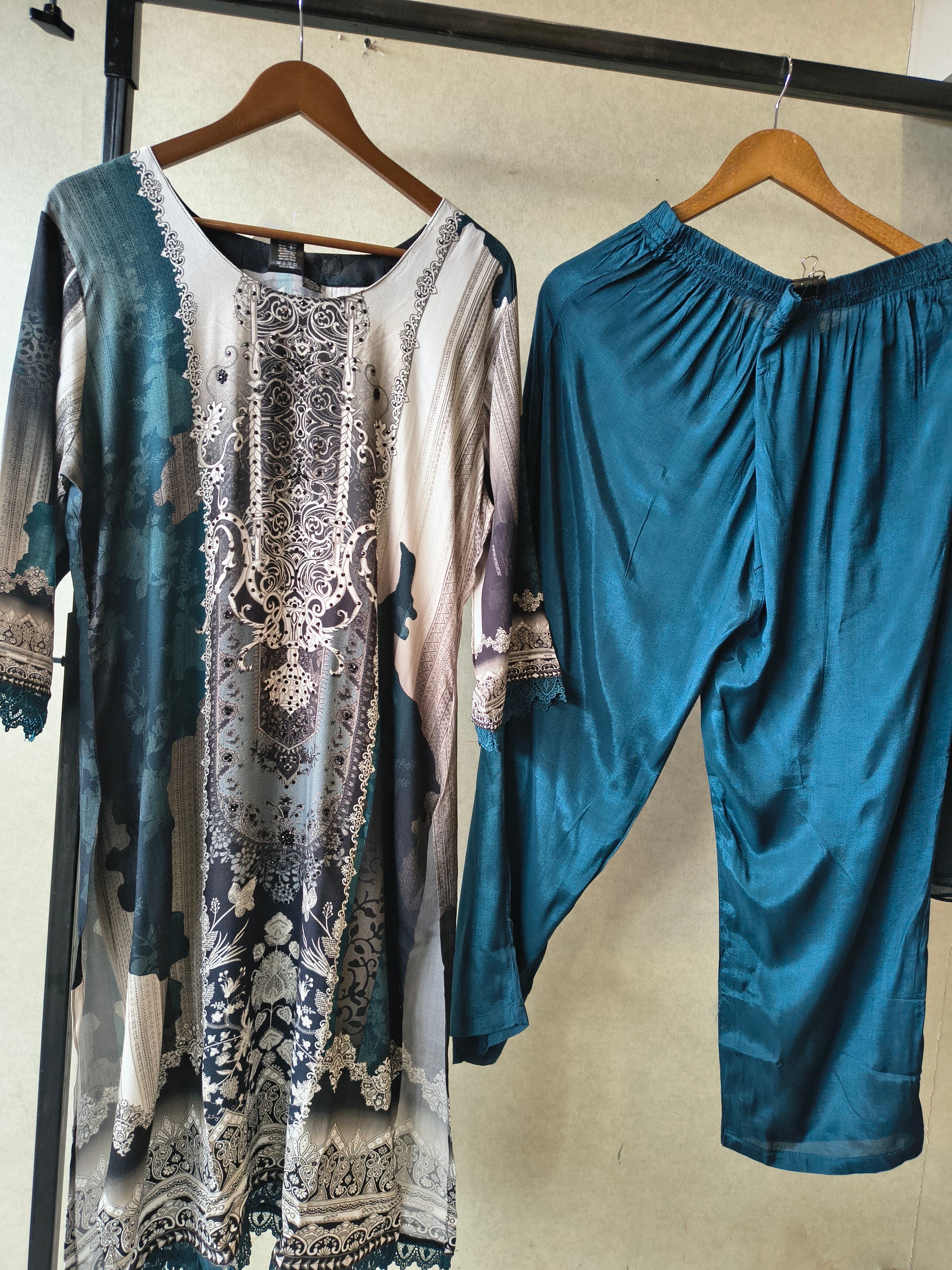 Premium Teal Blue Digital Printed Kurta Set with Solid Pants & Chiffon Dupatta