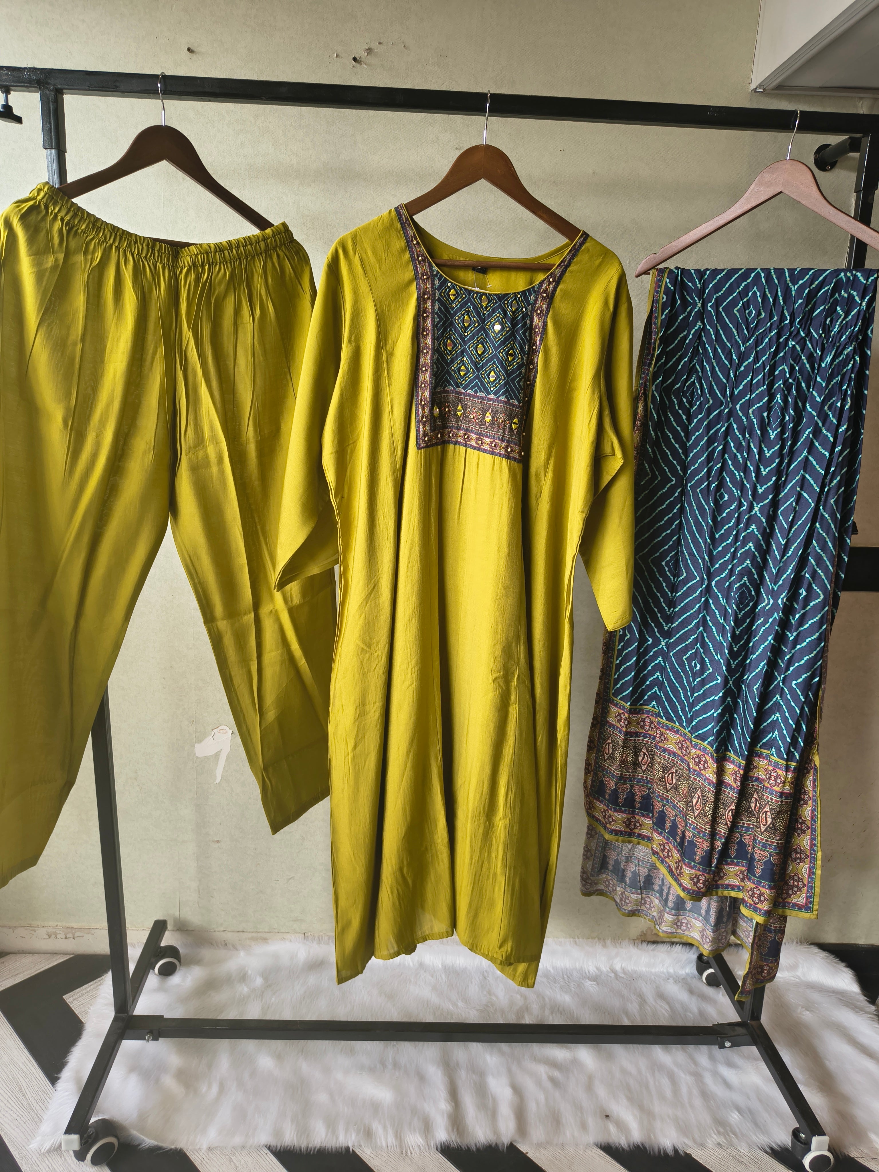 Image of Premium Olive Green Straight Kurta Set with Designer Woven Yoke, Solid Pants & Geometric Printed Dupatta
