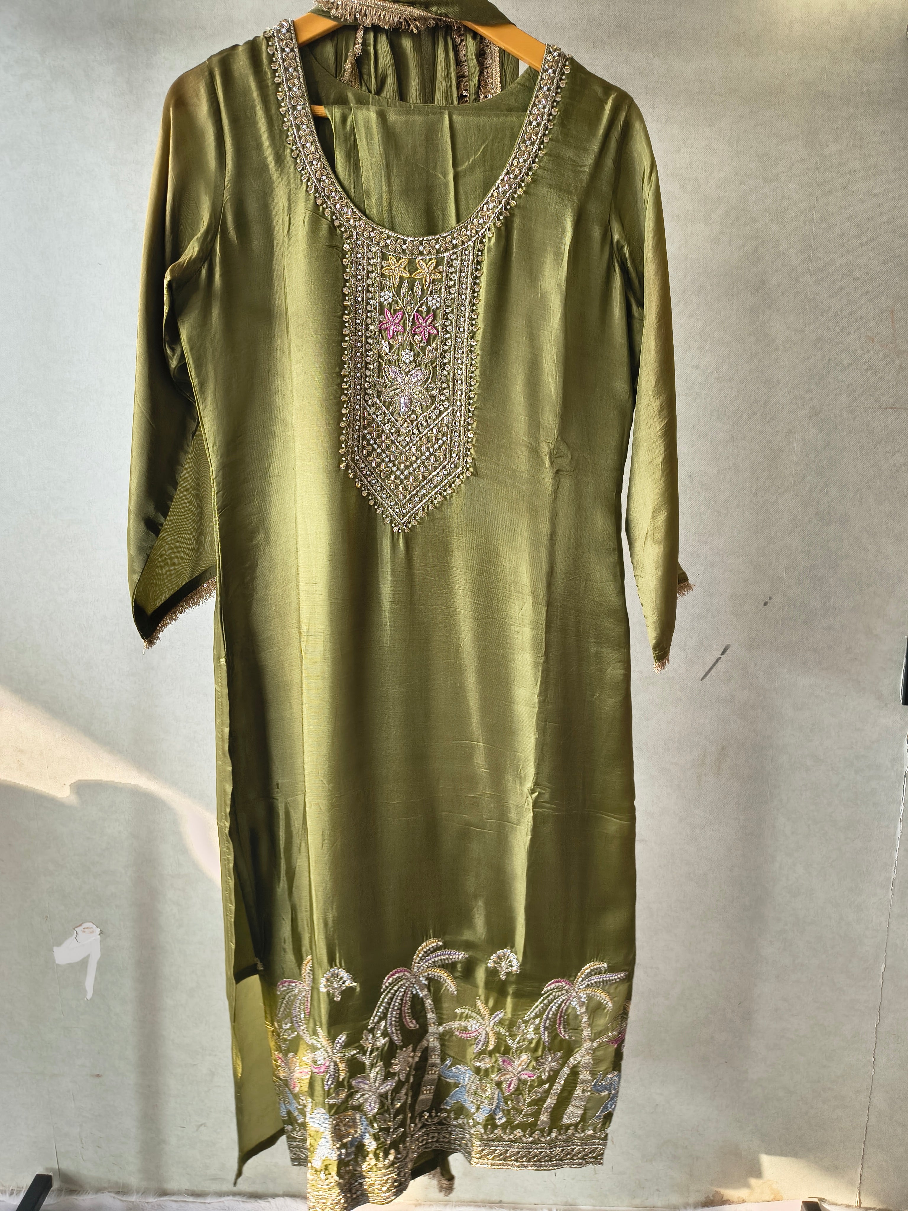 Image of Olive Green Embroidered Straight Kurta Set with Designer Yoke, Scenic Hem Embroidery & Lace Border Dupatta – Premium 3 Piece Ethnic Ensemble
