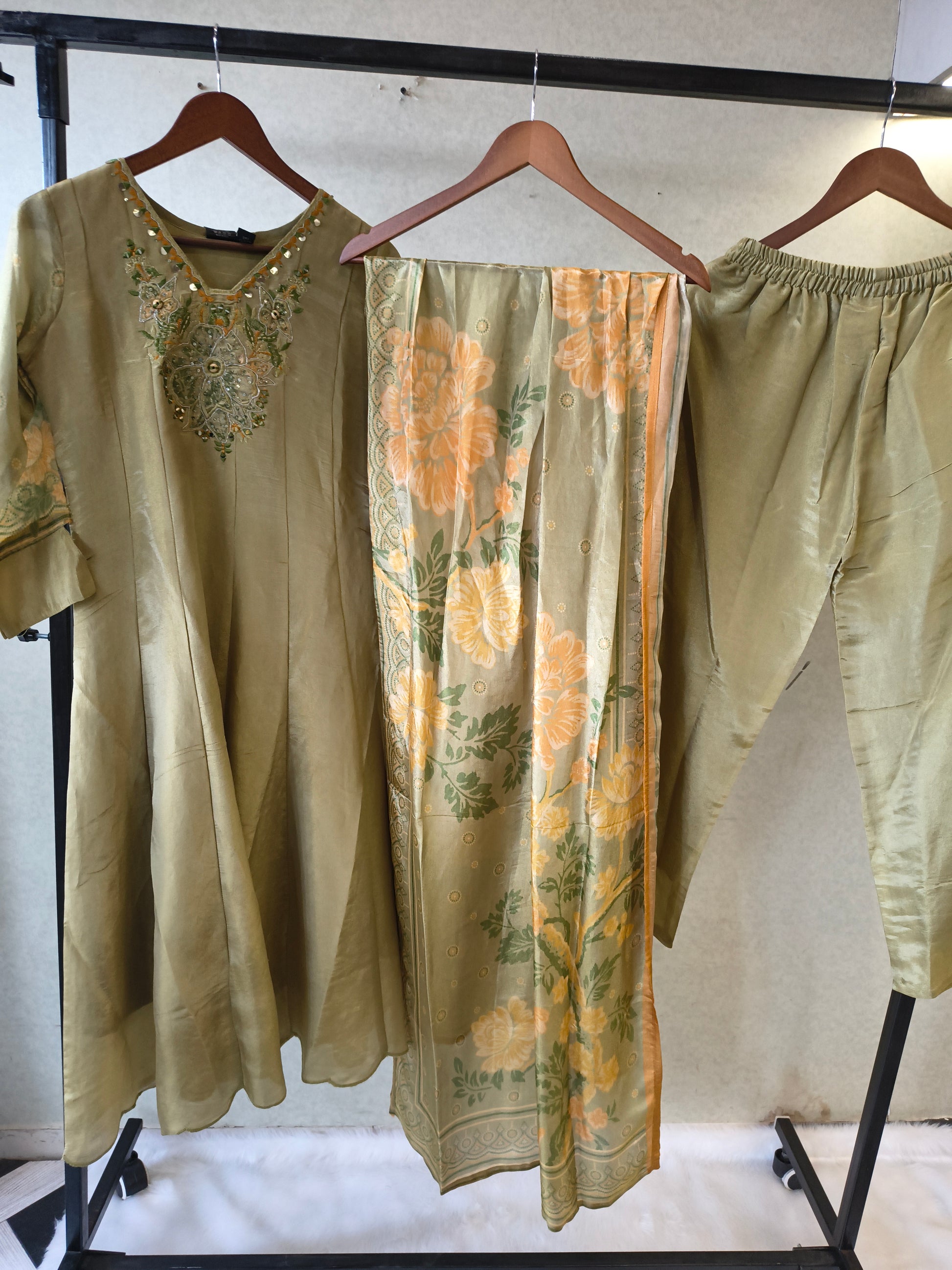 Sage Olive Embroidered Designer Kurta Set with Floral Printed Dupatta | Premium 3 Piece Ethnic Suit
