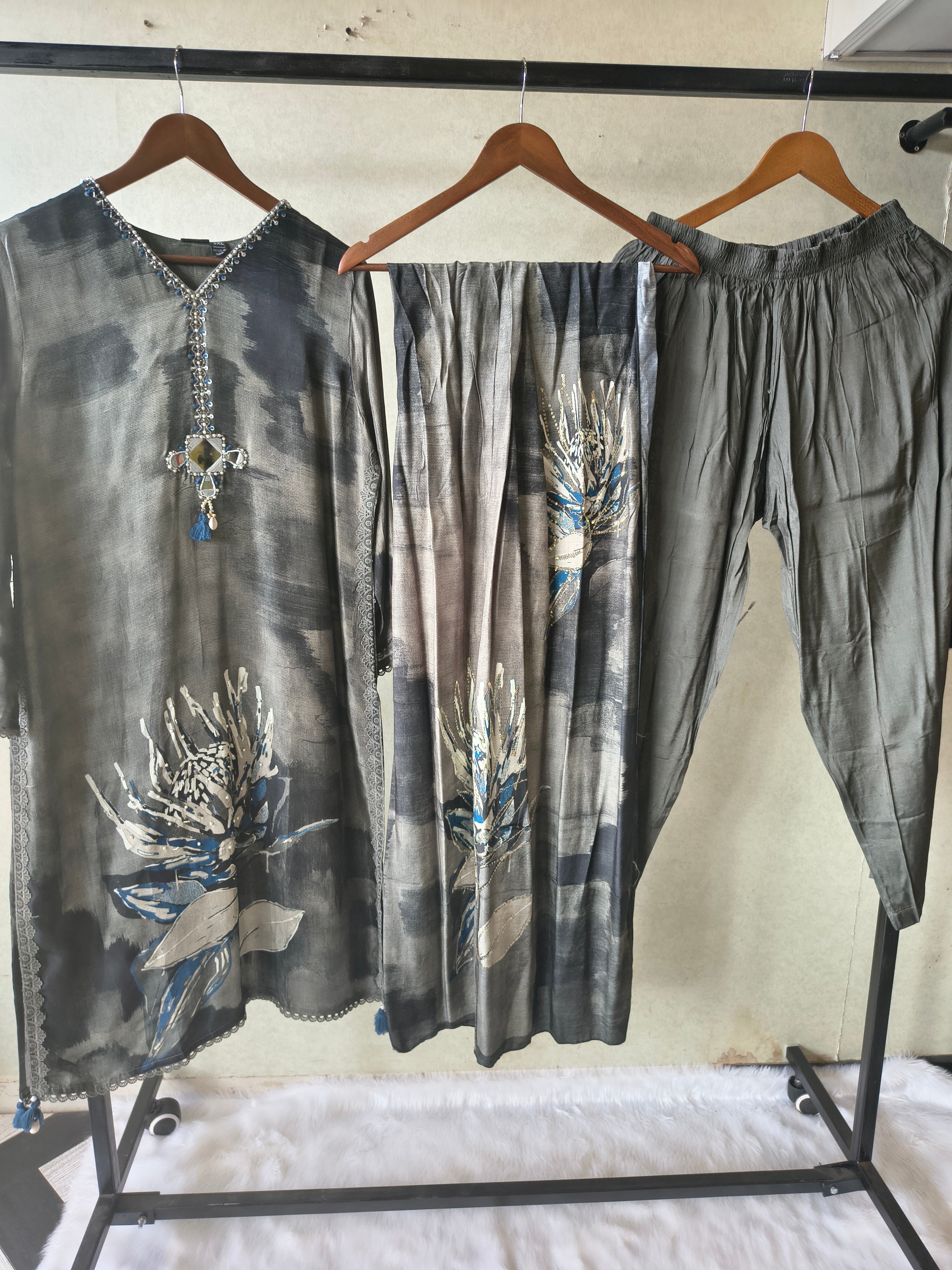 Image of Premium Charcoal Grey Abstract Floral Printed Straight Kurta Set with Designer Neckline, Straight Pants & Printed Dupatta